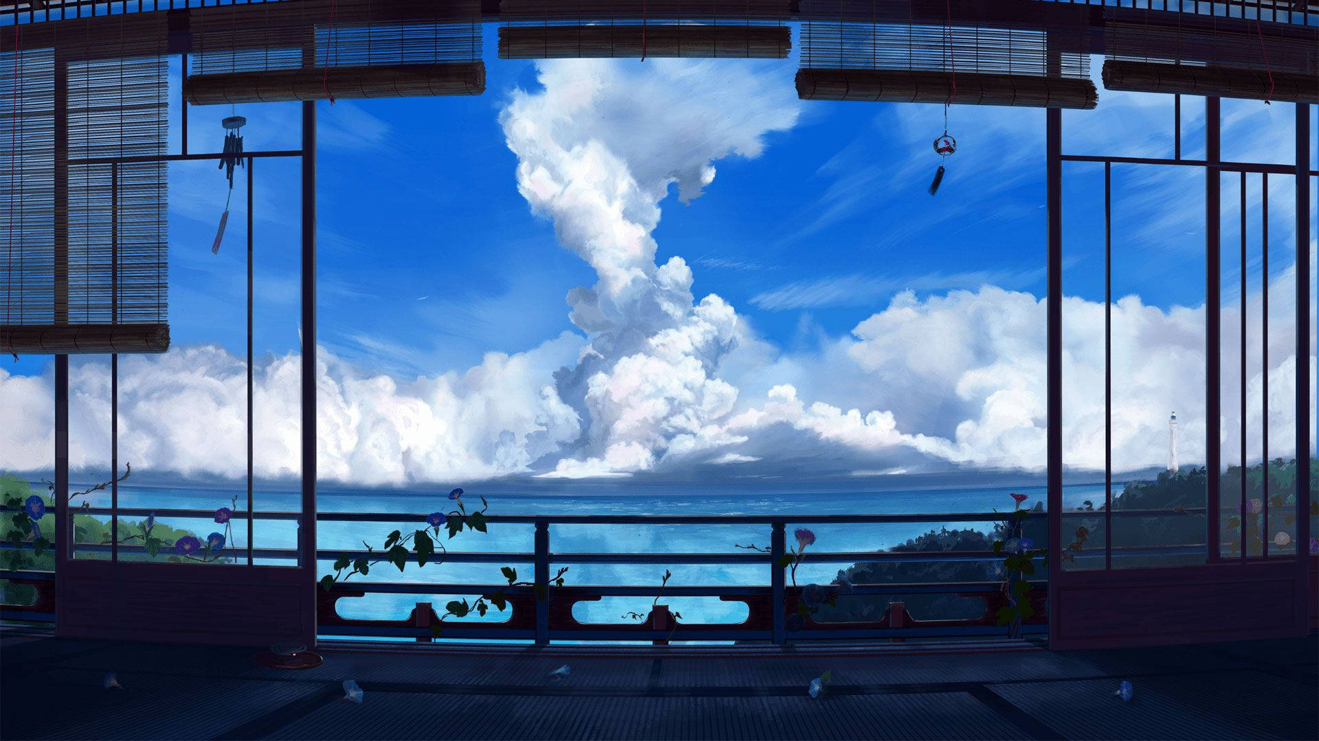 Japanese room, bamboo blinds, vast blue sky, Full HD Desktop Wallpaper