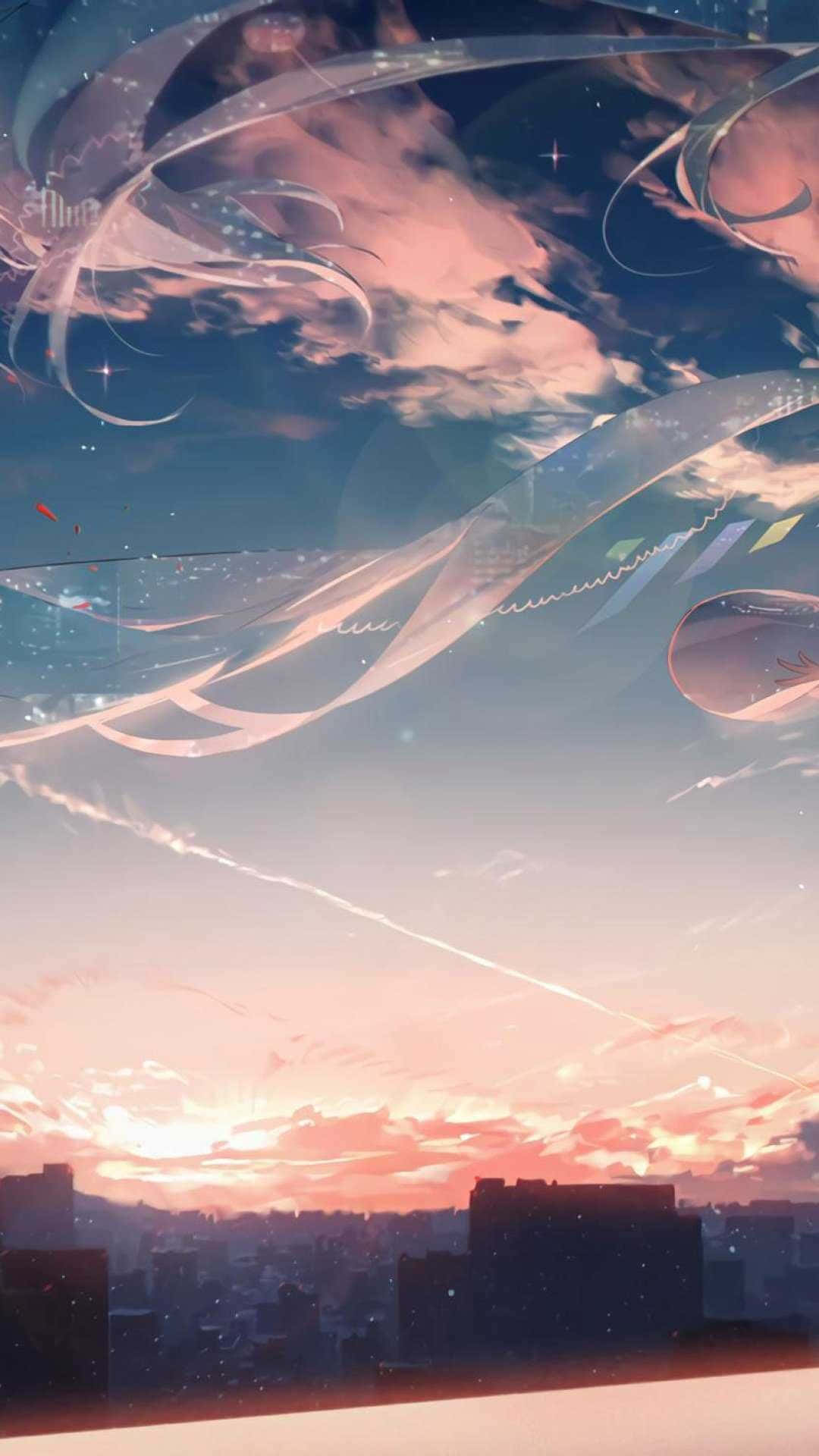 lo fi anime, surreal anime sky, glowing ribbons, Full HD Phone Wallpaper