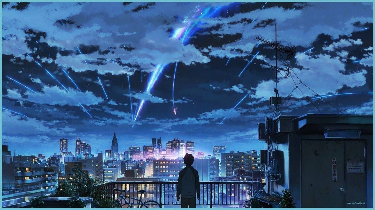 rooftop balcony, glowing cityscape, vibrant blue meteors, SD Desktop Wallpaper