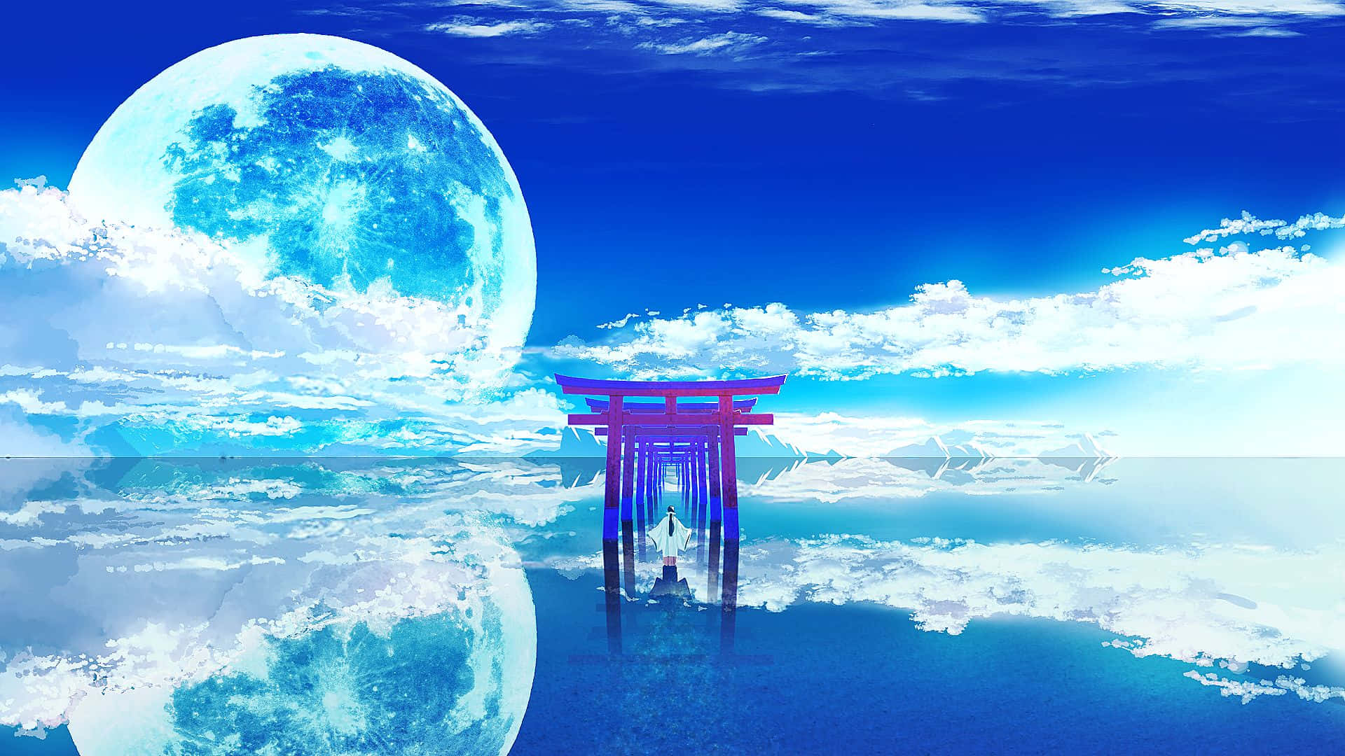 glowing red torii gate, reflective sea, massive blue moon, Full HD Desktop Wallpaper