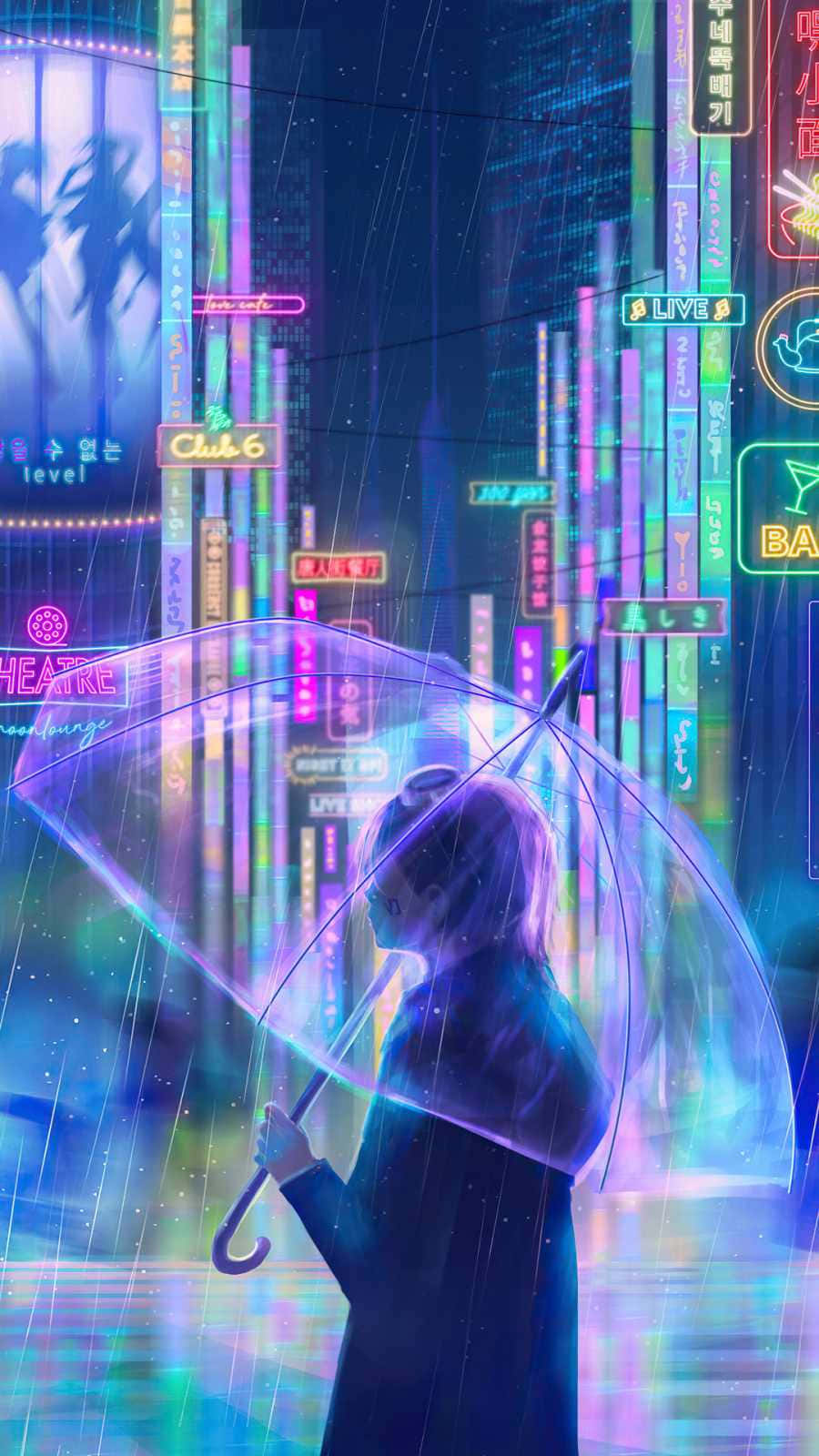 neon anime transparent umbrella, purple hair, glowing umbrella, HD Phone Wallpaper