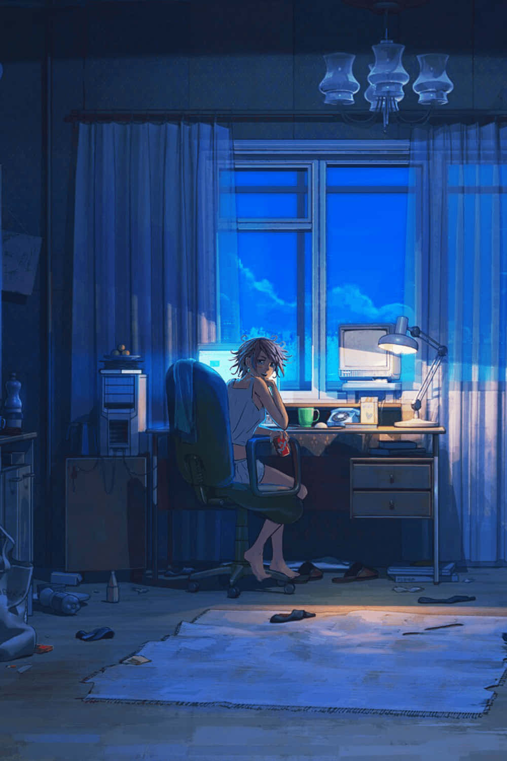 anime girl, cluttered desk, dim blue-lit room, HD Phone Wallpaper