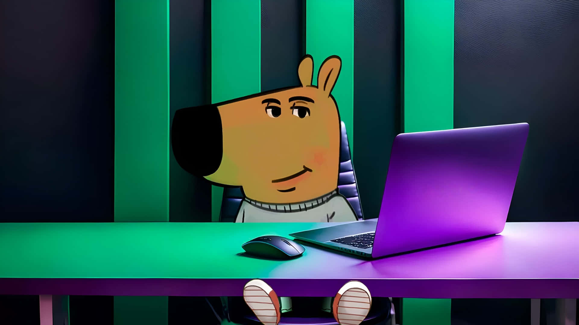 Chill Guy, glowing purple desk, laptop, Full HD Desktop Wallpaper