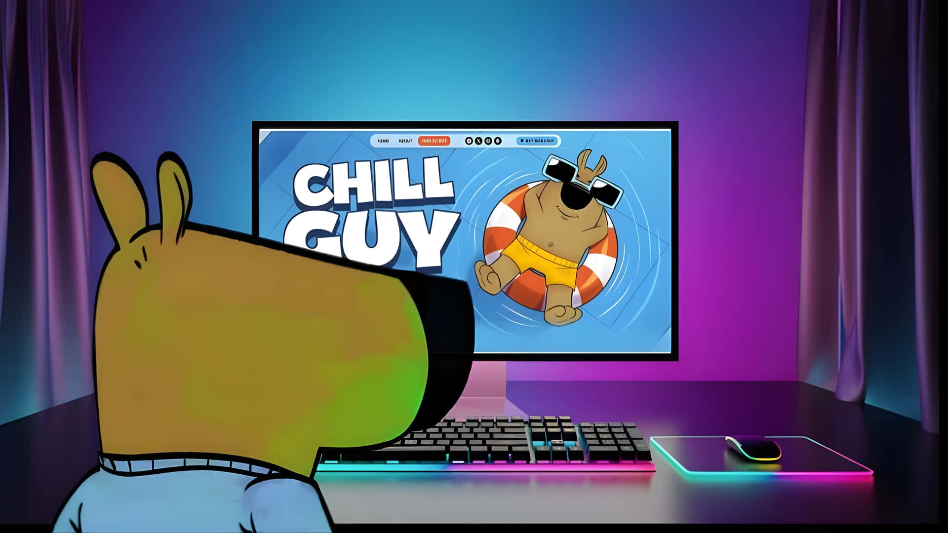 Chill Guy, glowing monitor, purple lit room, Full HD Desktop Wallpaper