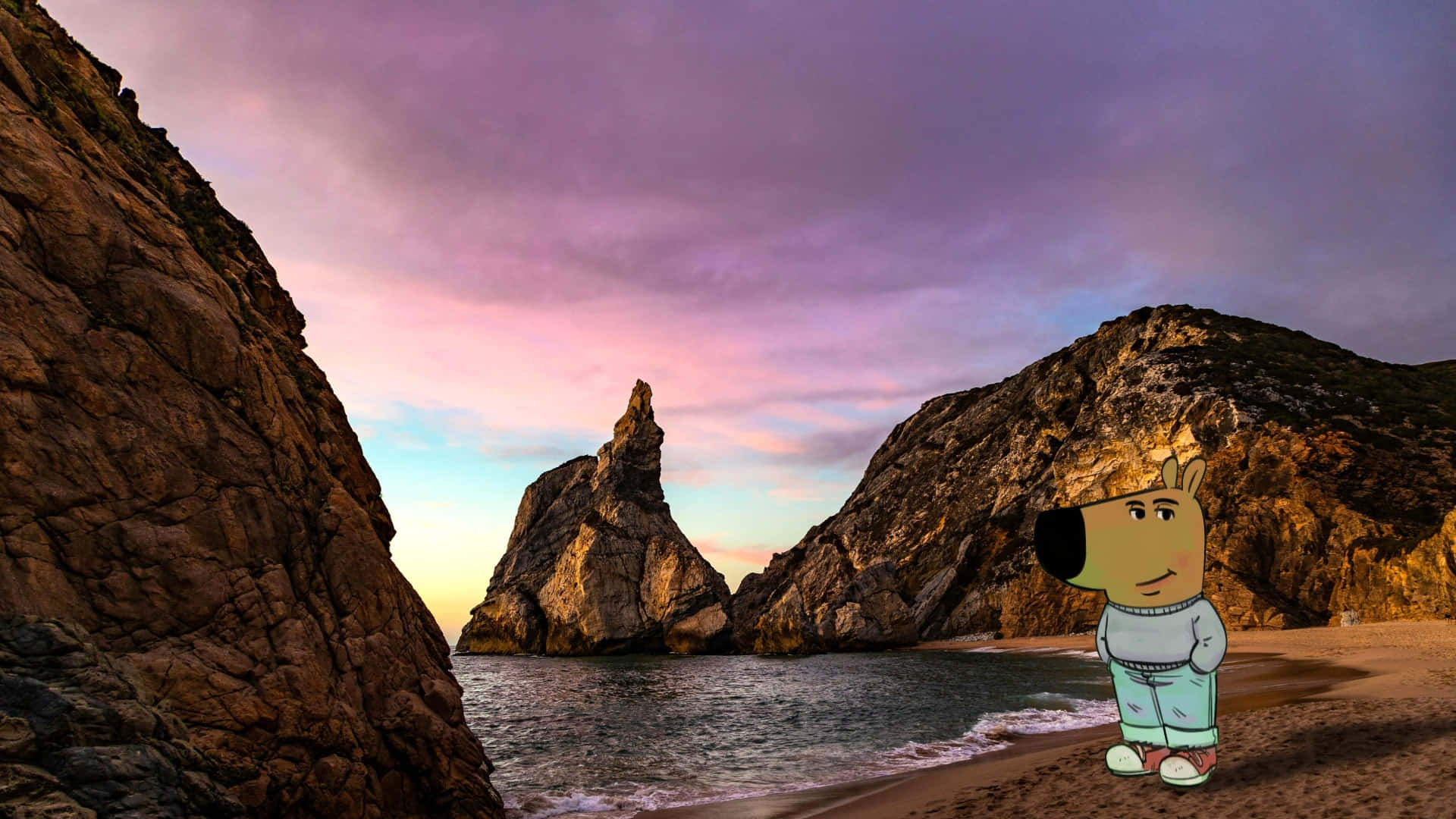 Chill Guy, sunset beach, purple and orange sky, Full HD Desktop Wallpaper