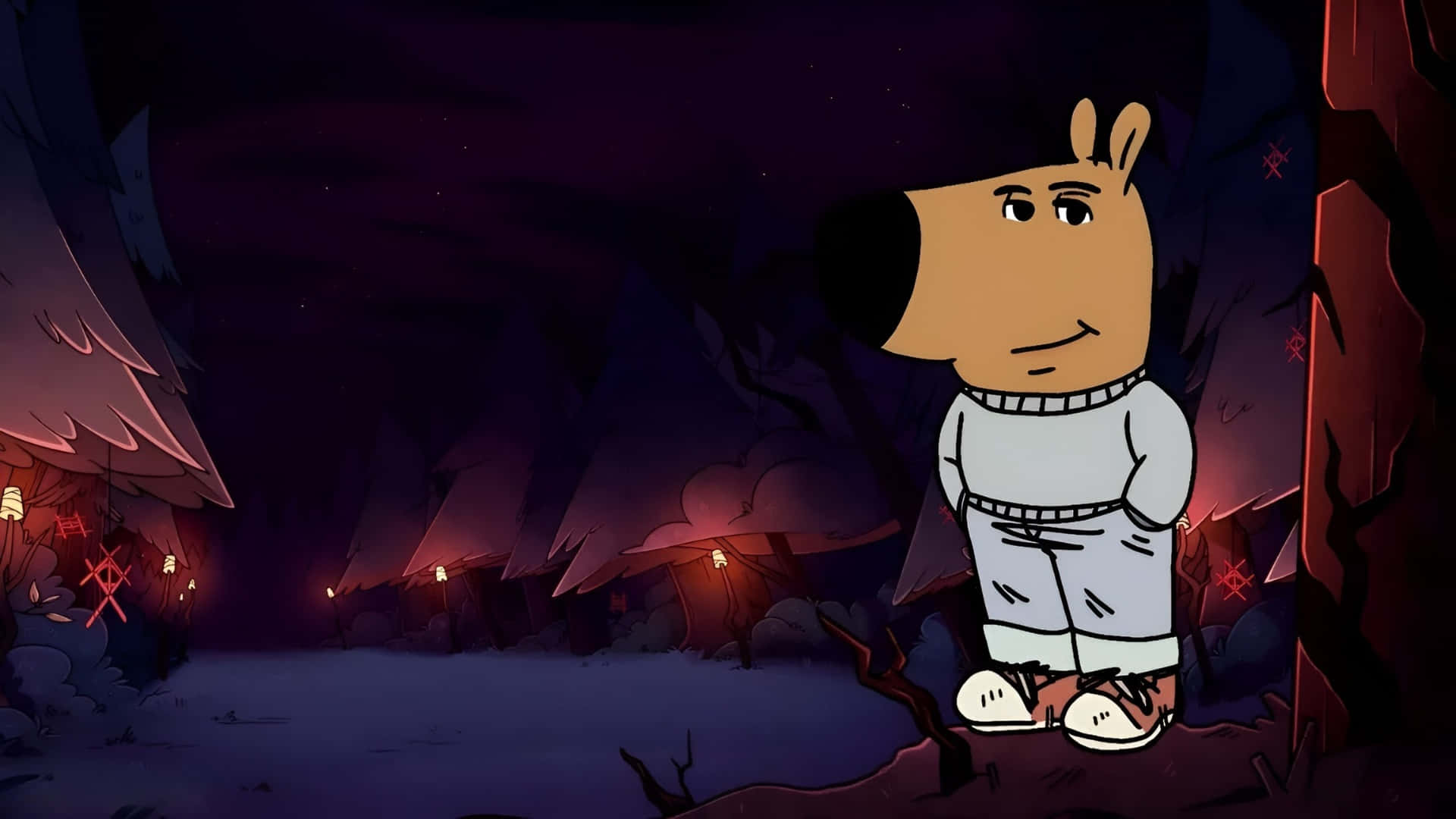 Chill Guy, dark cave, white pajamas, Full HD Desktop Wallpaper