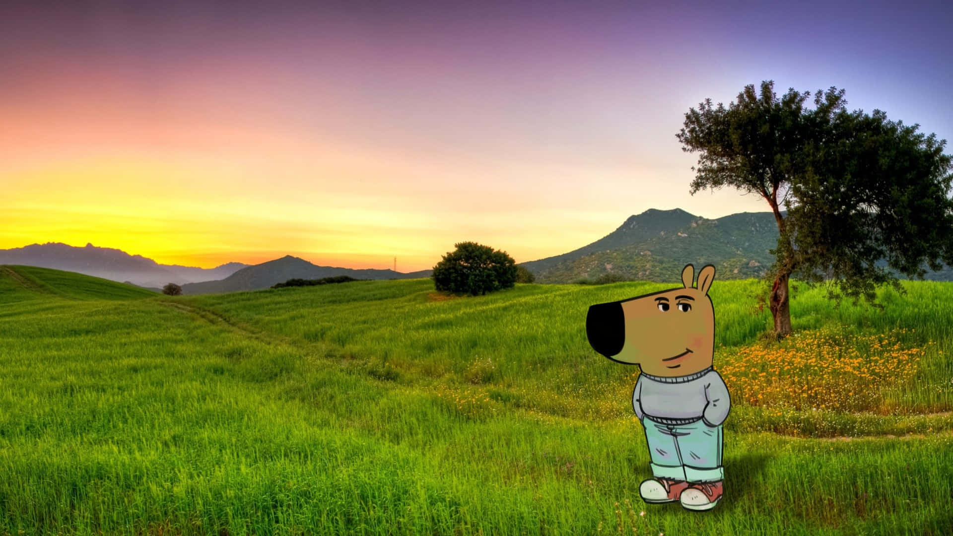 Chill Guy, serene landscape, vibrant green field, Full HD Desktop Wallpaper