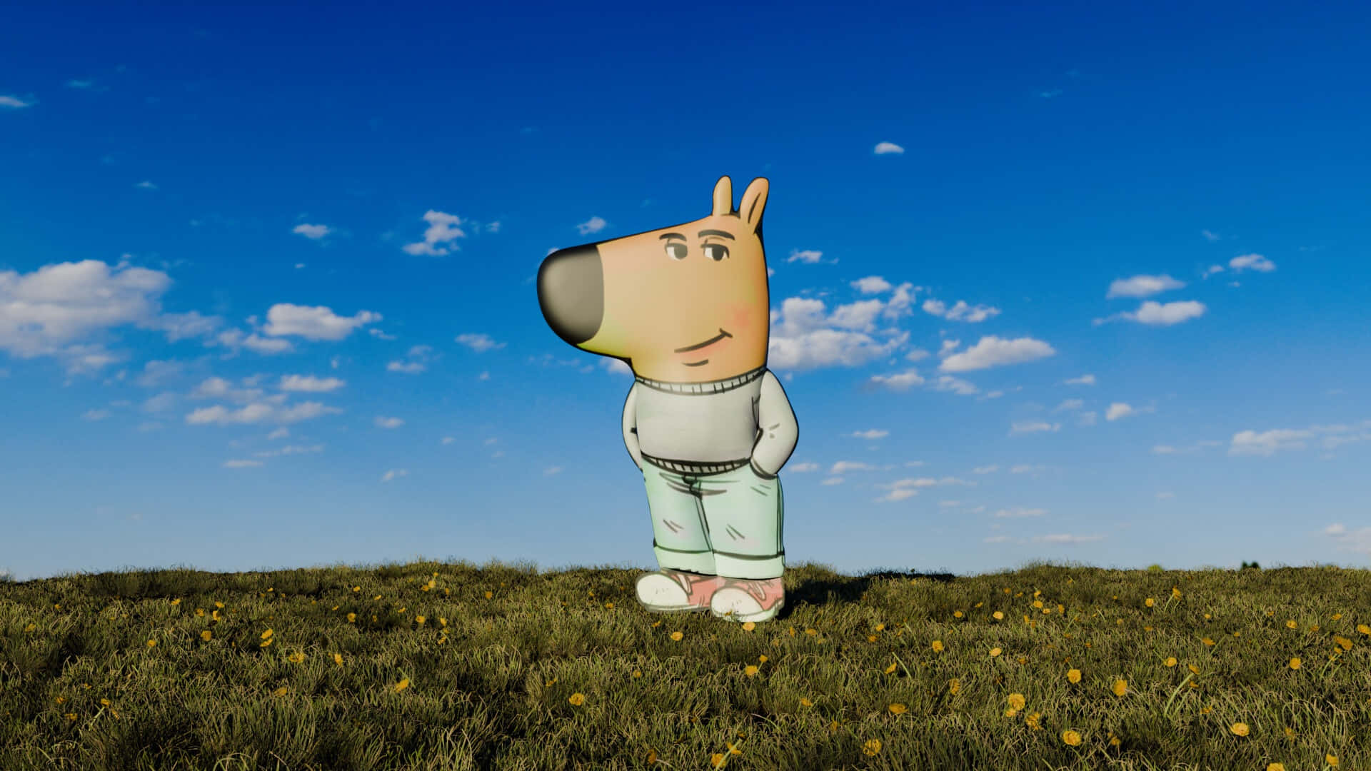 Chill Guy, cartoon dog character, grassy field, Full HD Desktop Wallpaper