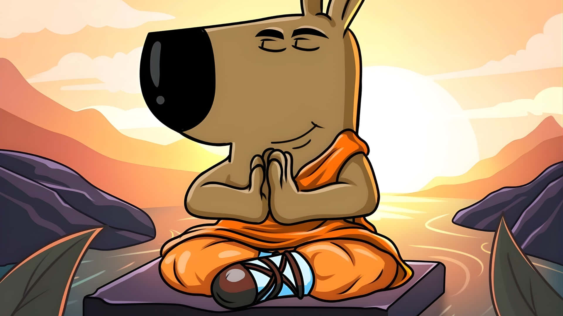 Chill Guy, orange robes, stone platform, Full HD Desktop Wallpaper