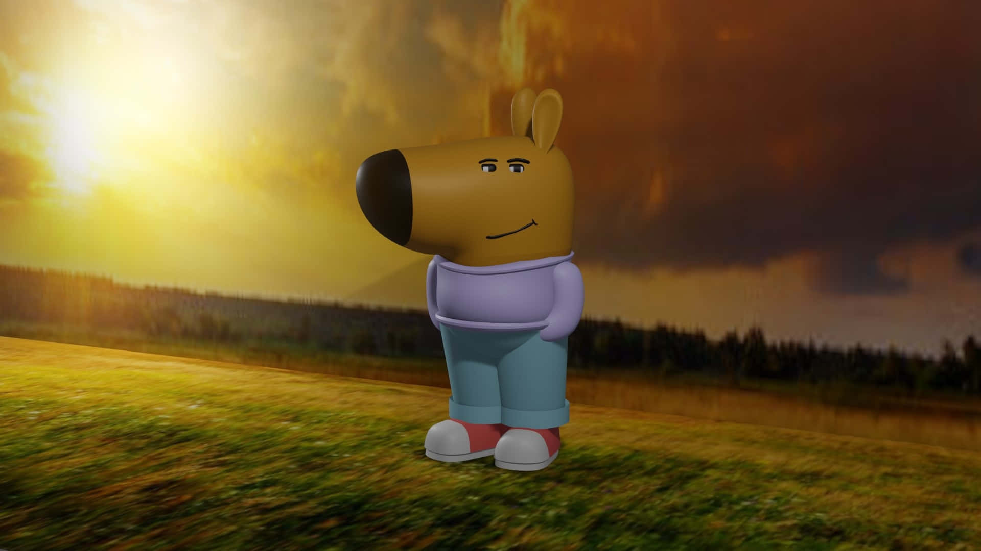 Chill Guy, cartoon dog character, grassy field, Full HD Desktop Wallpaper