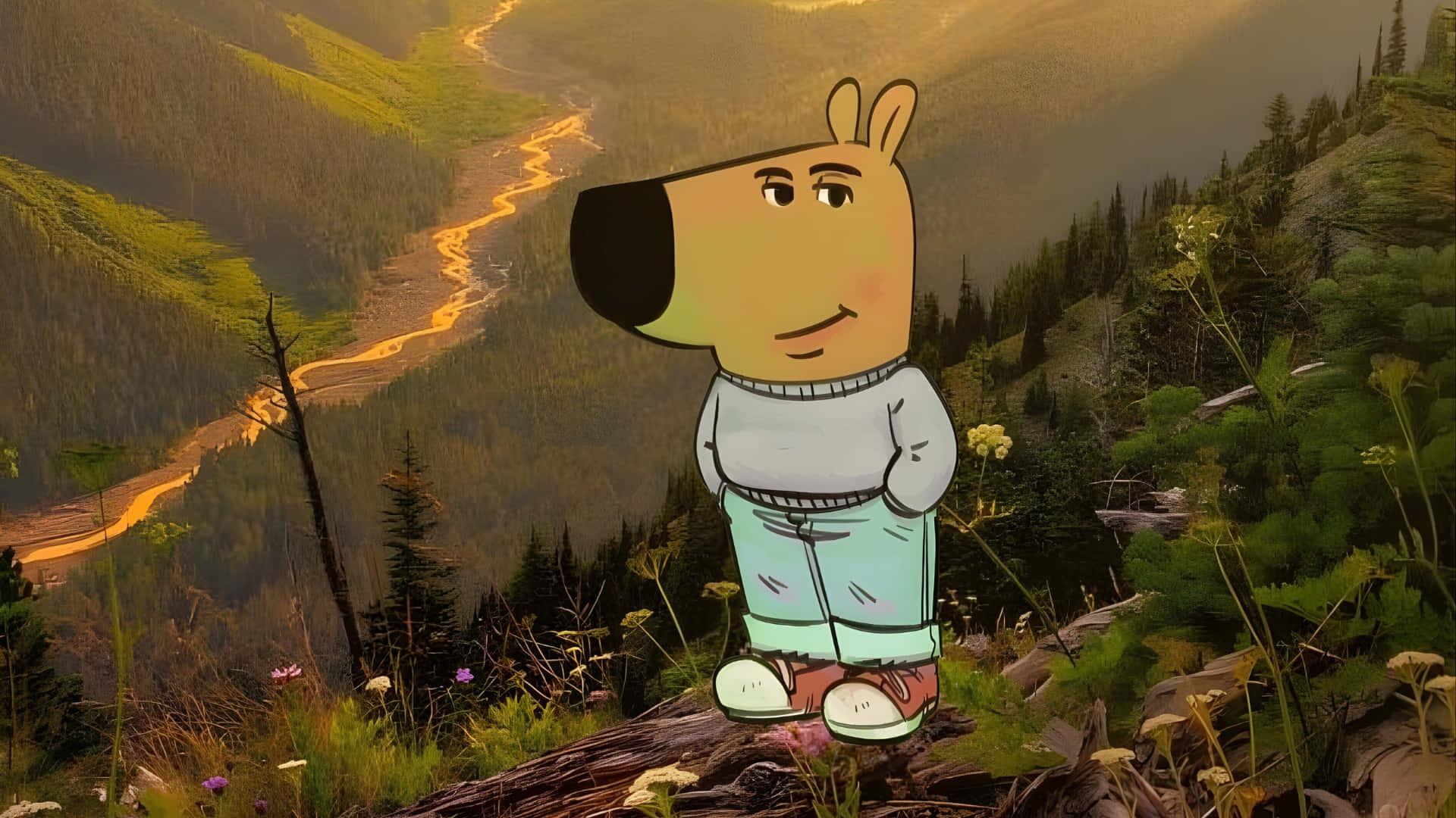 Chill Guy, forest, cliff, Full HD Desktop Wallpaper