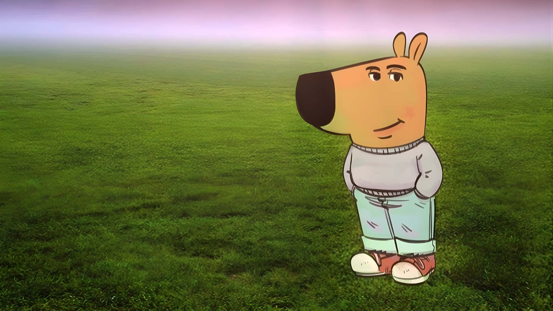 Chill Guy, cartoon dog character, vast green field, Full HD Desktop Wallpaper