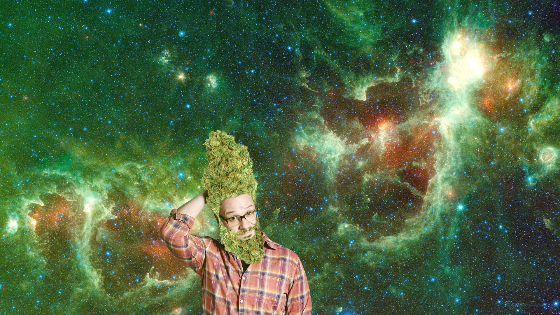 Chill Stoner Man, green hair, cannabis bud for a head, Full HD Desktop Wallpaper