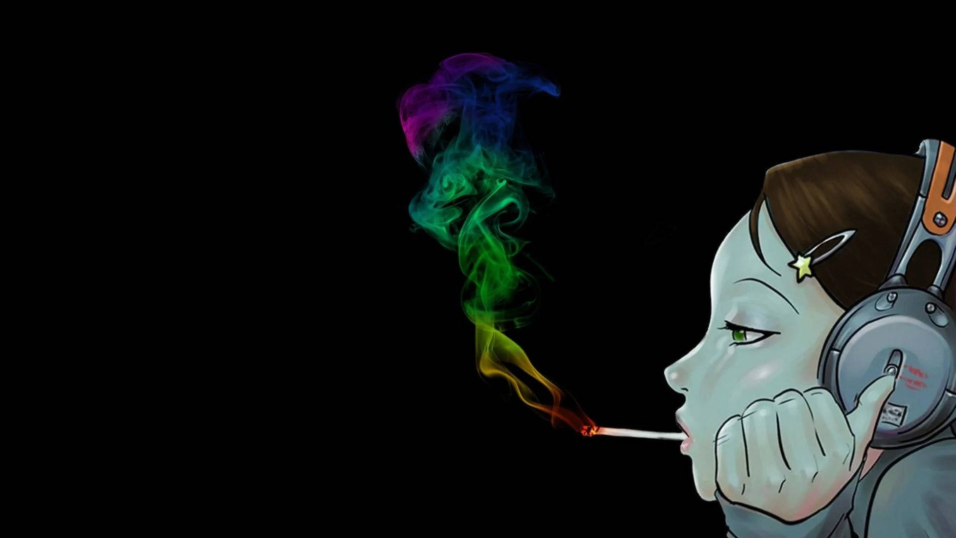 anime girl, headphones, vibrant rainbow smoke trail, Full HD Desktop Wallpaper