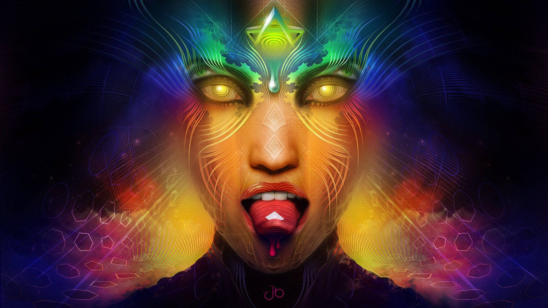 Chill Stoner Woman Tongue Out, glowing eyes, glowing triangle on her forehead, Full HD Desktop Wallpaper