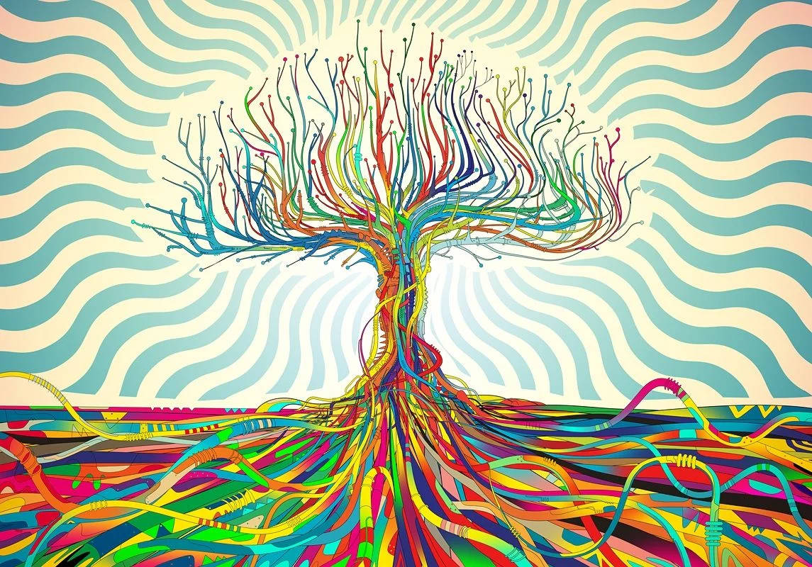 Chill Stoner, vibrant tree, rainbow-colored branches, SD Desktop Wallpaper