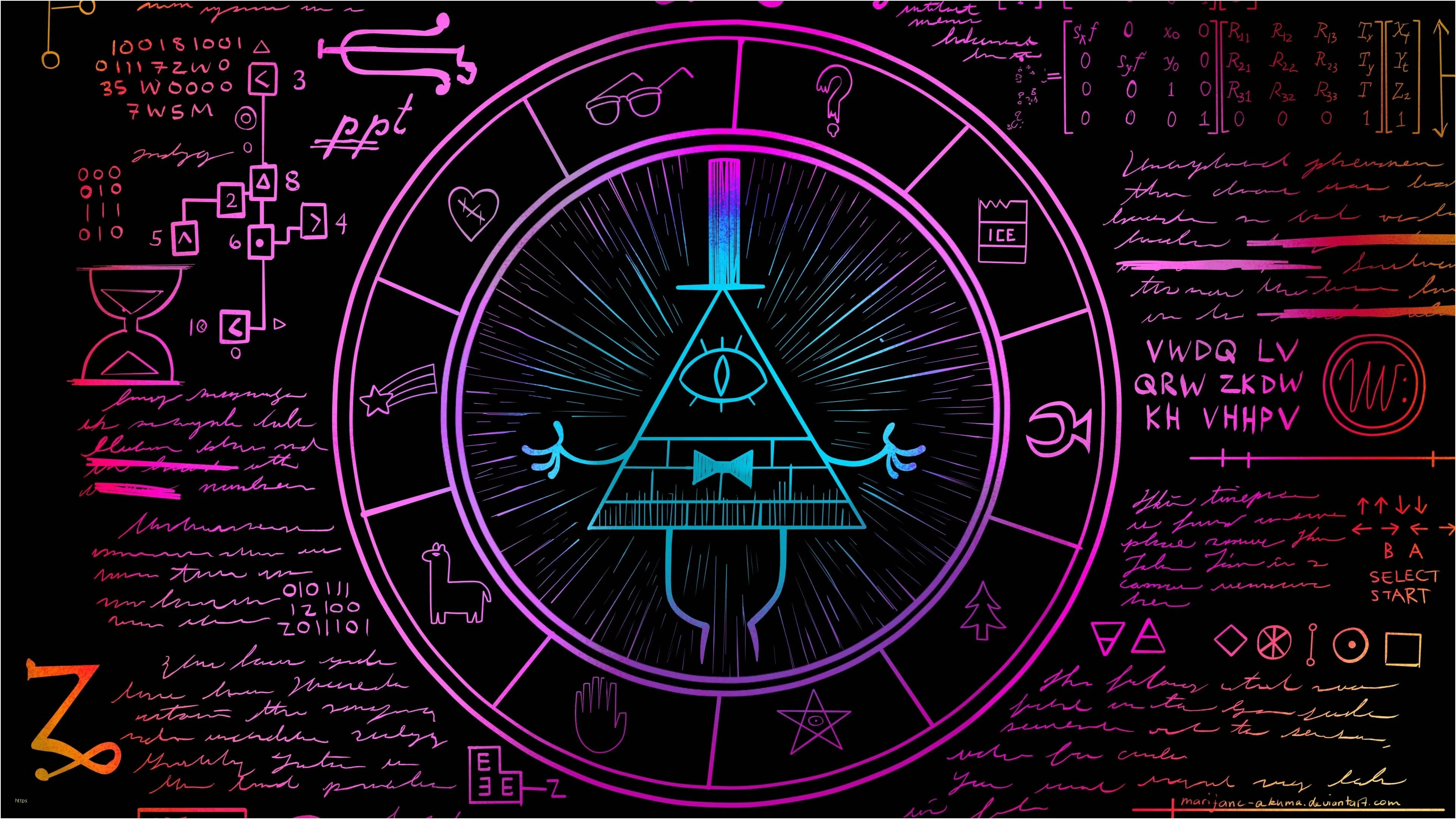 glowing purple and blue triangular eye symbol, circular diagram, handwritten symbols and equations, 4K Desktop Wallpaper