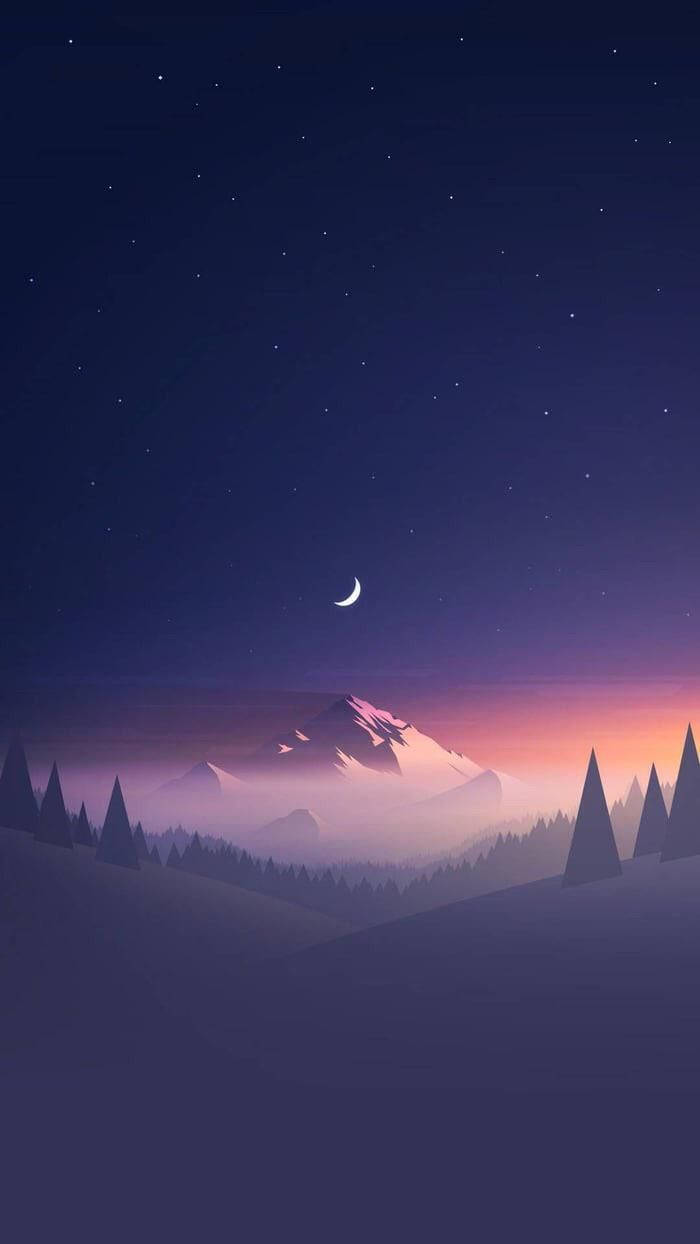 crescent moon, stars, misty mountains, SD Phone Wallpaper