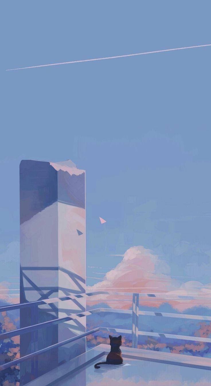 black cat, glass balcony, pastel sky, HD Phone Wallpaper