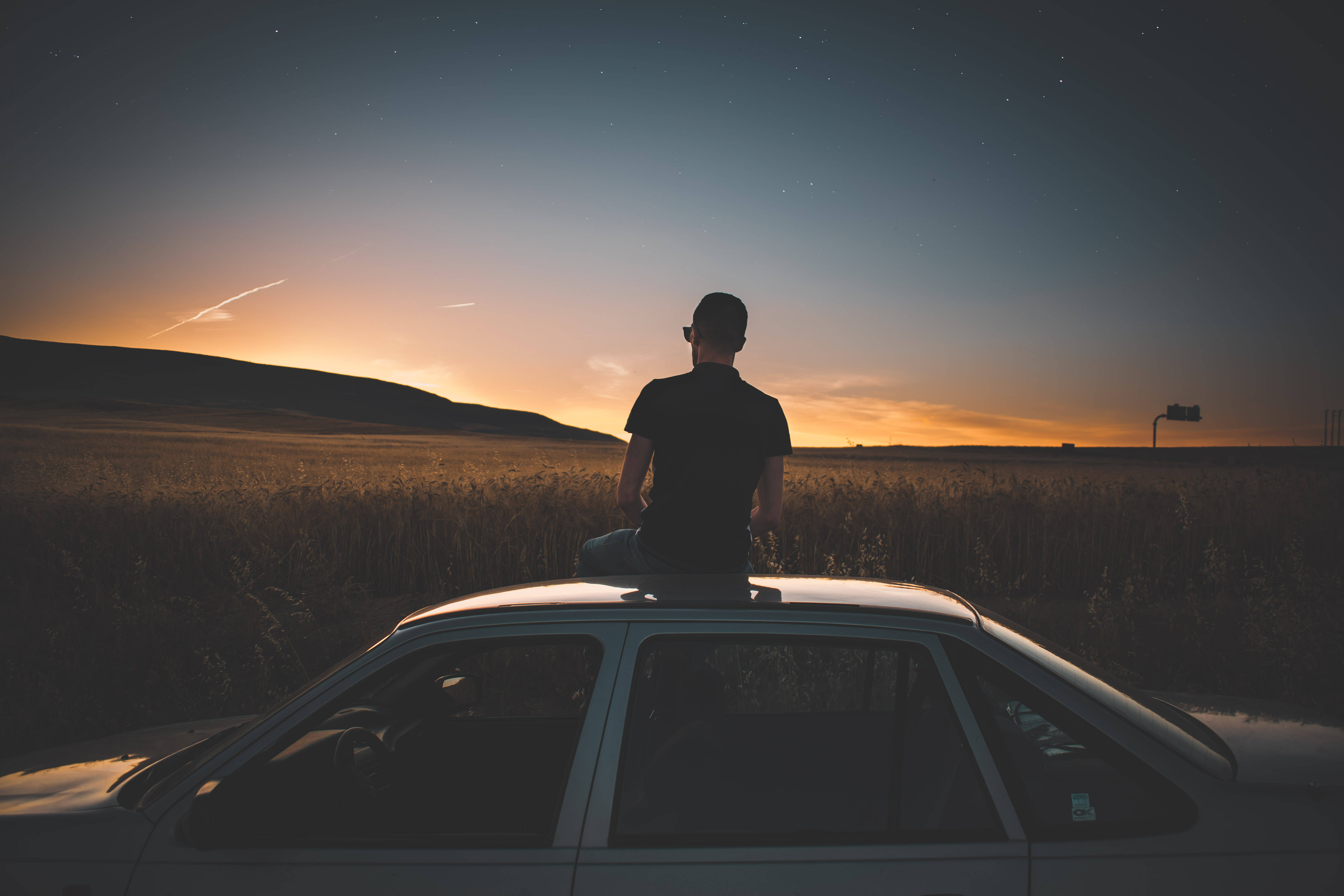 car, golden field, starry twilight sky, 5K Desktop Wallpaper