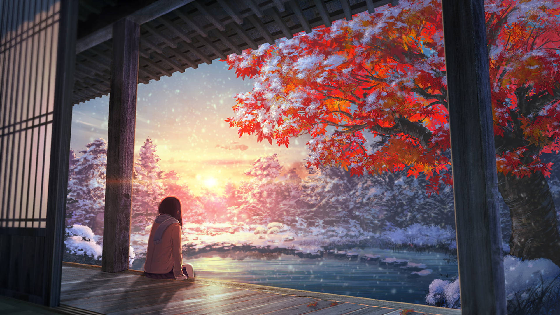 wooden porch, snowy sunset, vibrant red maple leaves, Full HD Desktop Wallpaper