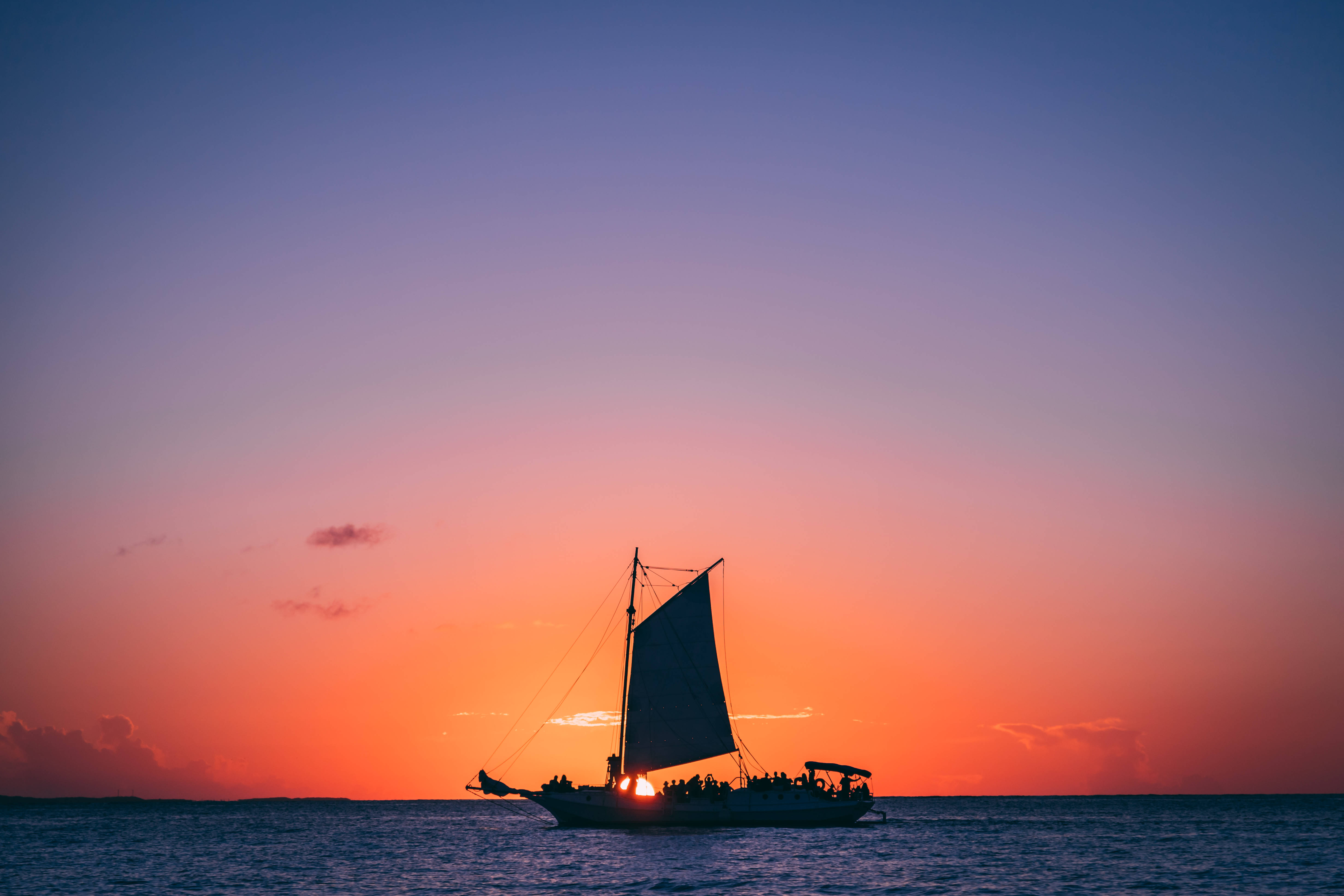 sailboat, calm waters, vibrant orange and purple sunset sky, 5K Desktop Wallpaper