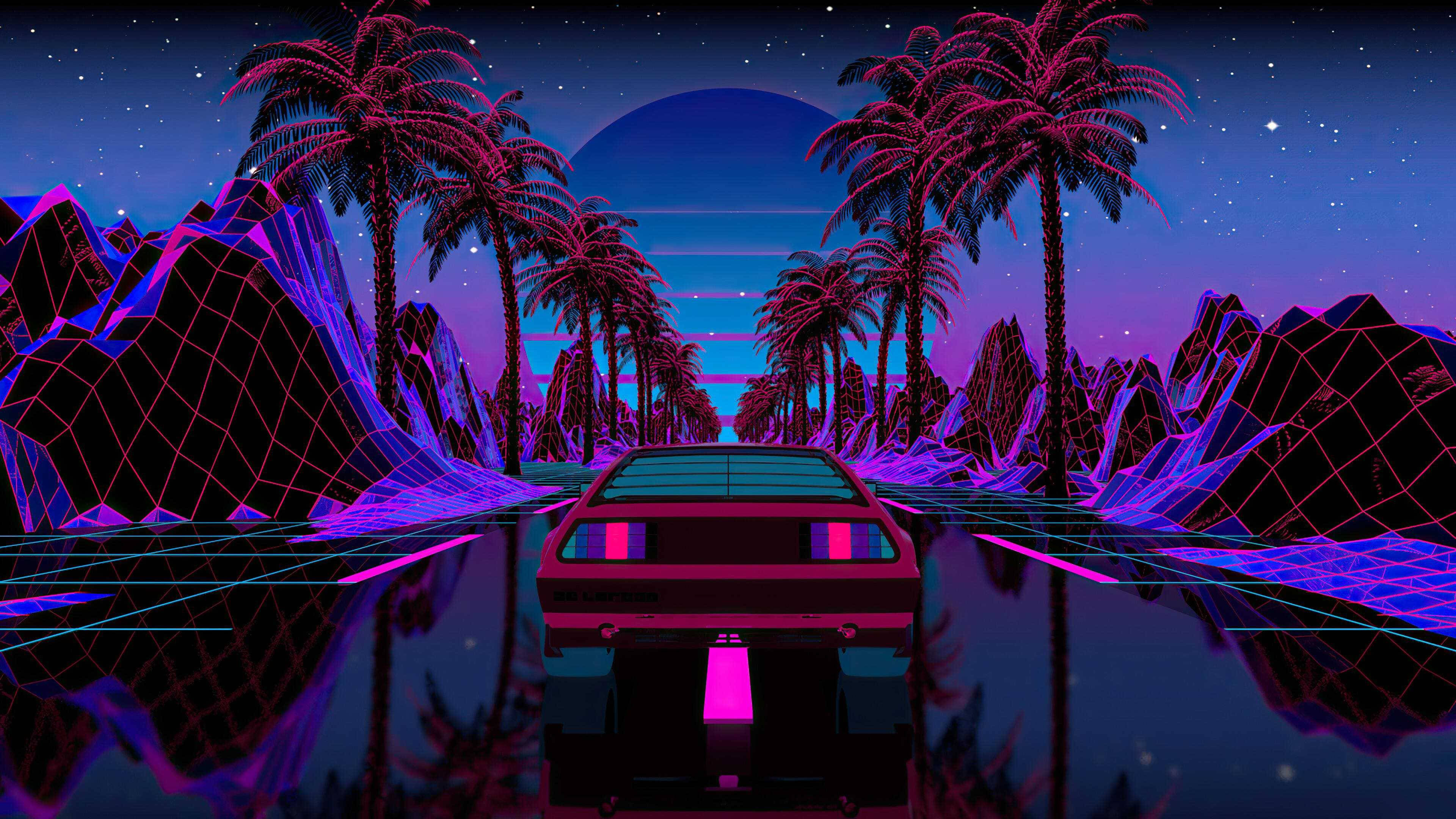 retrofuturistic car, neon-drenched desert canyon, starry night sky, 4K Desktop Wallpaper