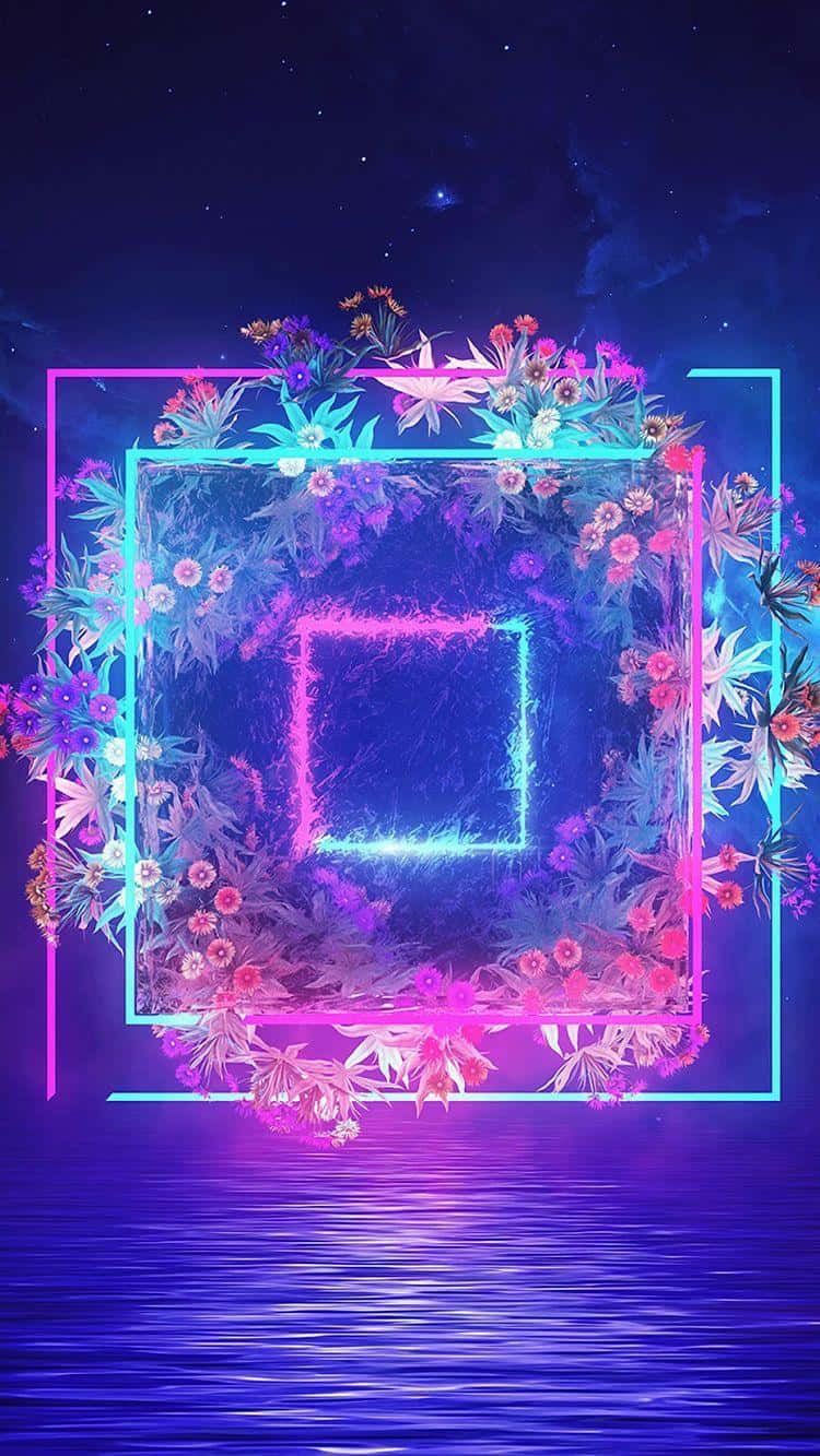 neon square frames, glowing flowers, rippling water, HD Phone Wallpaper