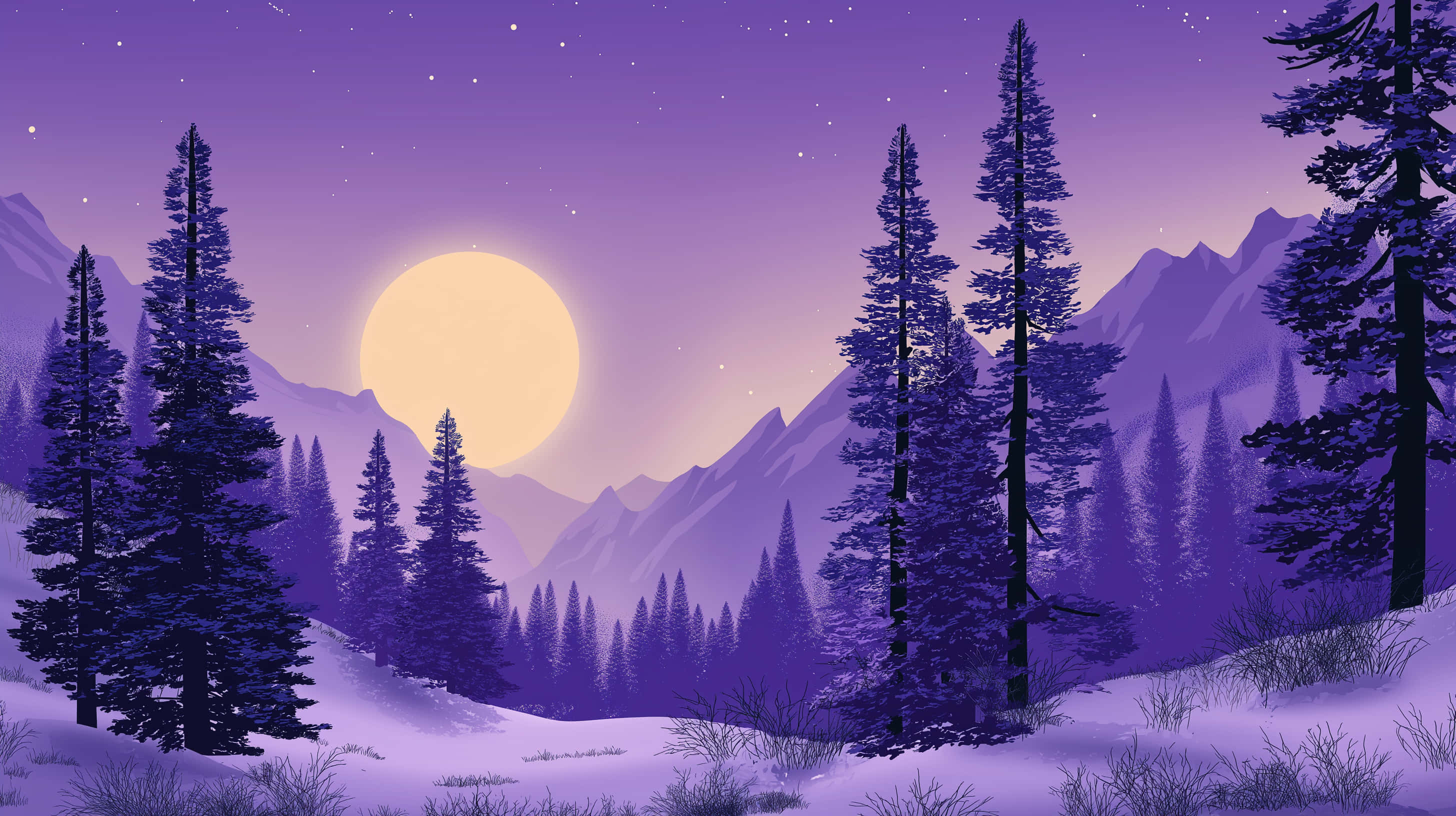 retro, winter forest, sunset, 2K Desktop Wallpaper