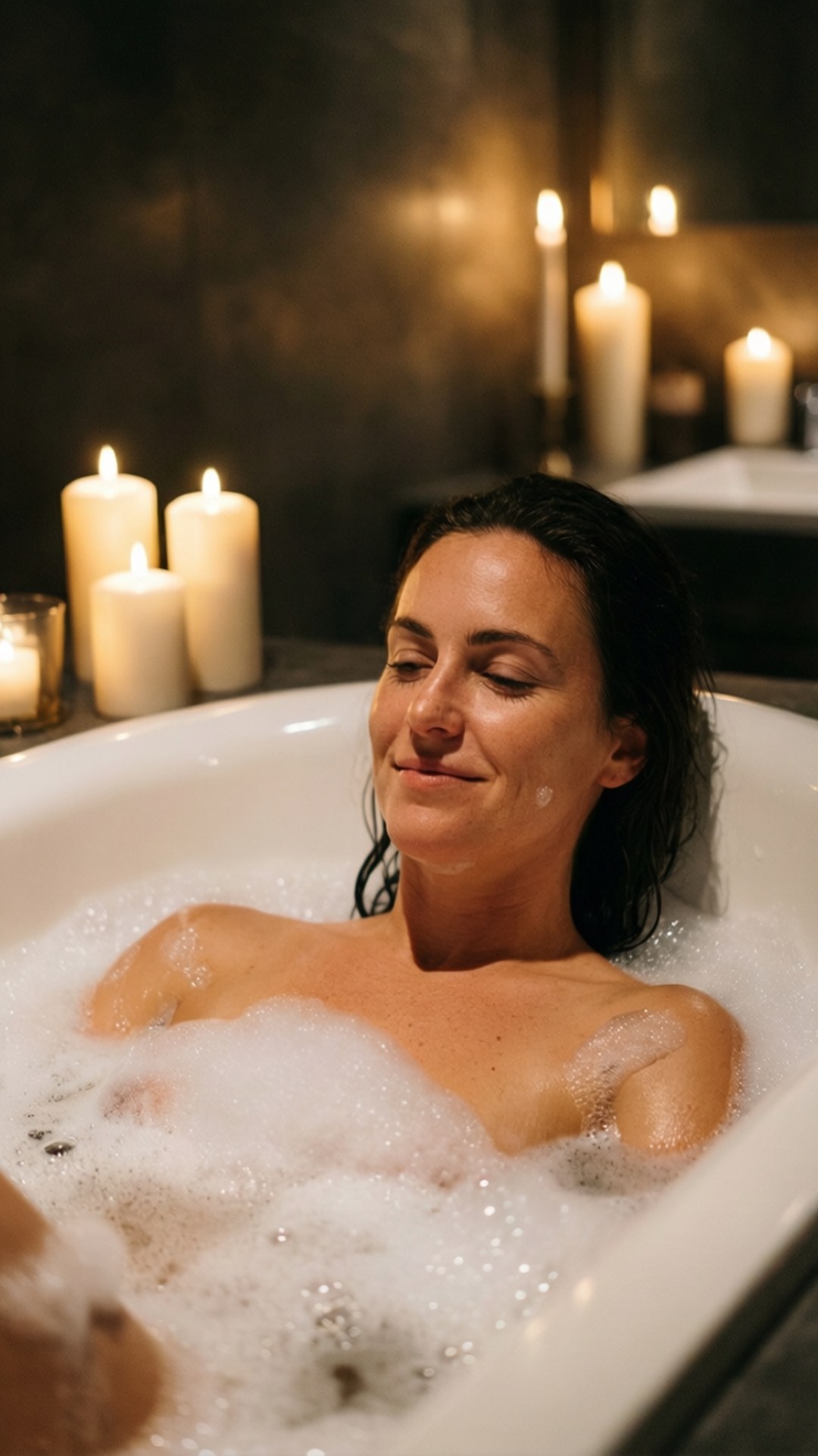 bubble bath, white candles, dimly lit room, Full HD Phone Wallpaper