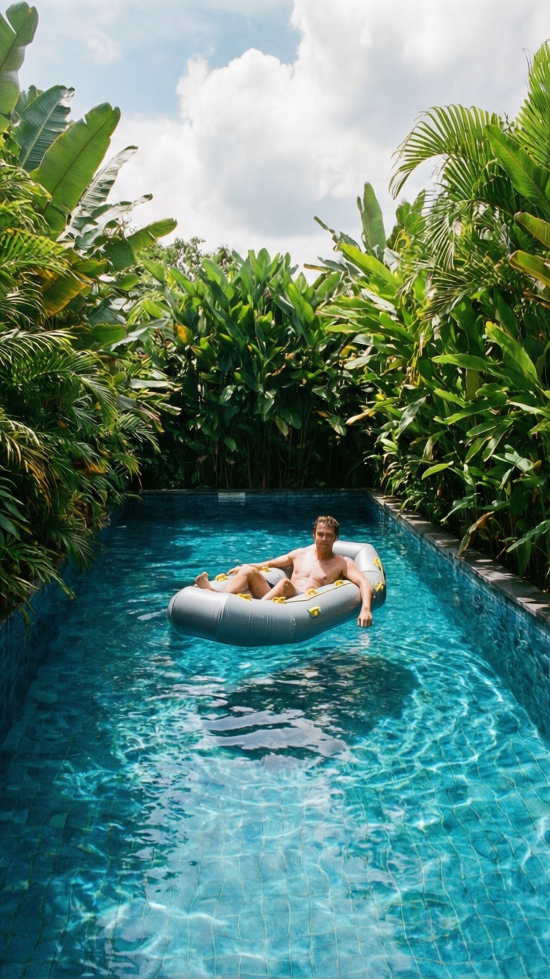 gray inflatable ring, narrow turquoise pool, lush green tropical foliage, Full HD Phone Wallpaper