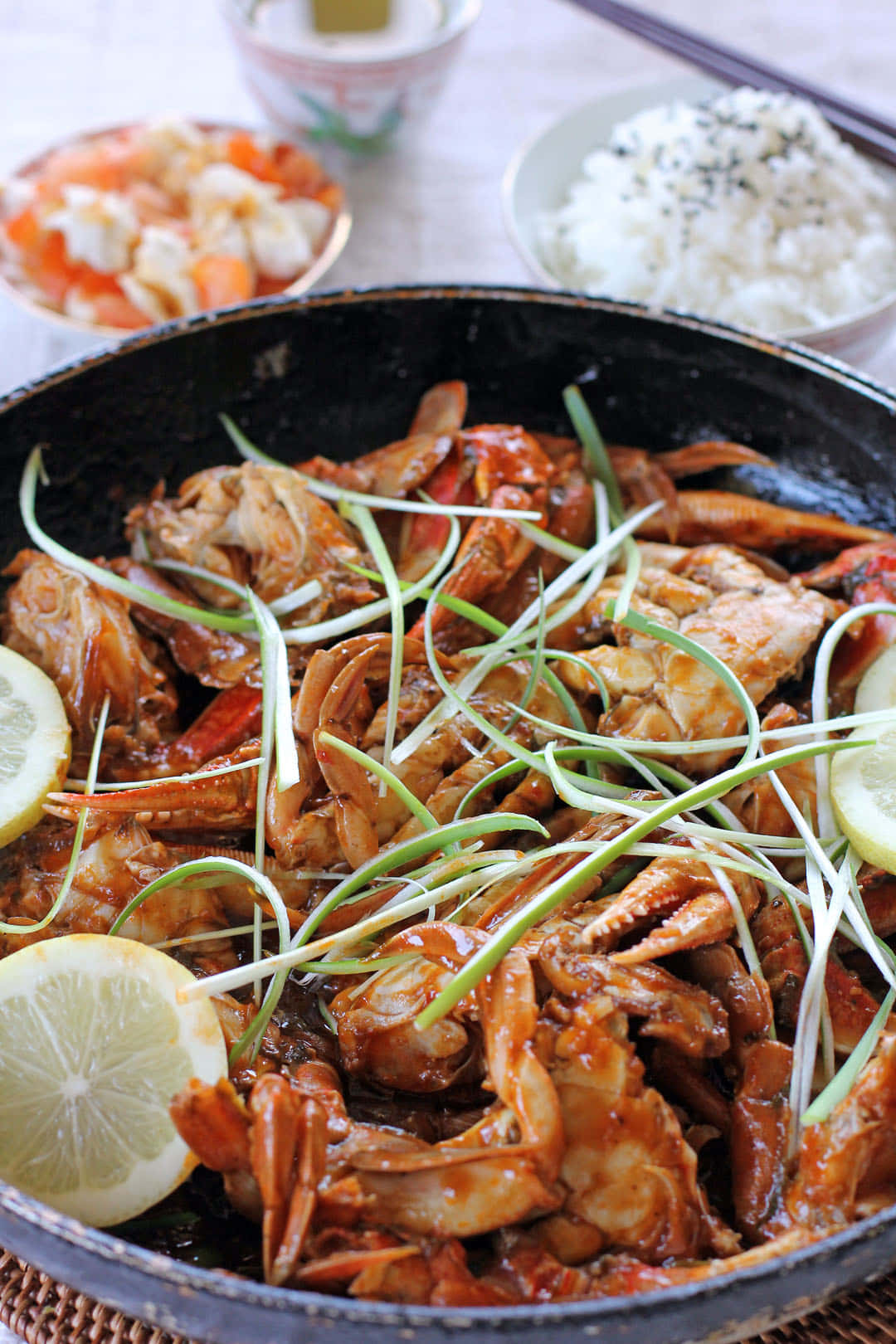 Chilli Crab, lemon slices, green onions, HD Phone Wallpaper