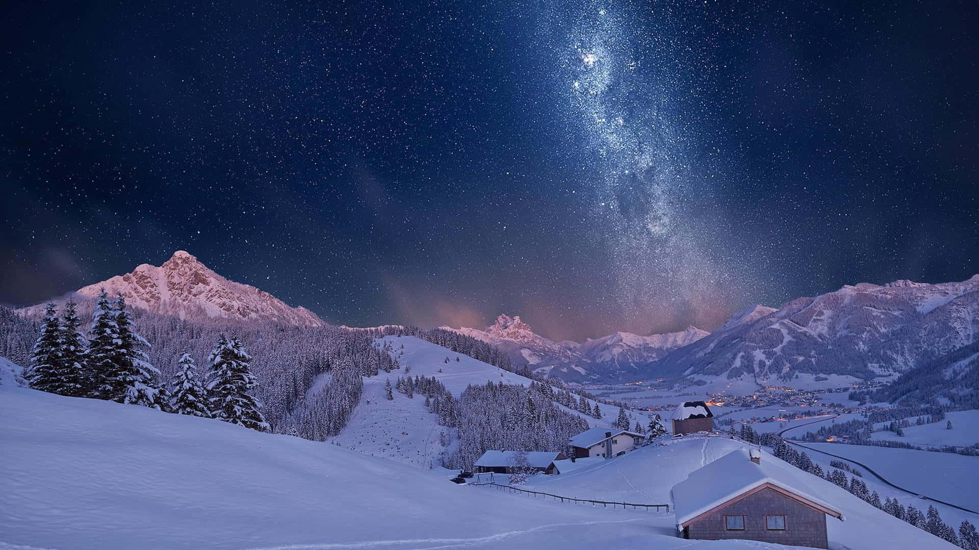 Winter Night, Milky Way, snowy mountain peaks, Full HD Desktop Wallpaper