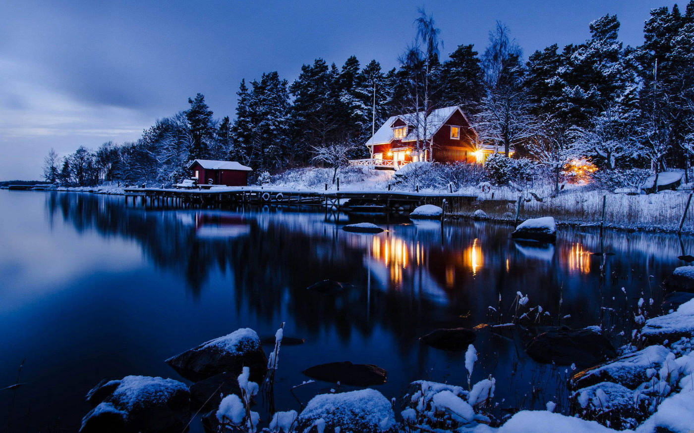 red cabin, warm lights, snowy twilight, HD Desktop Wallpaper
