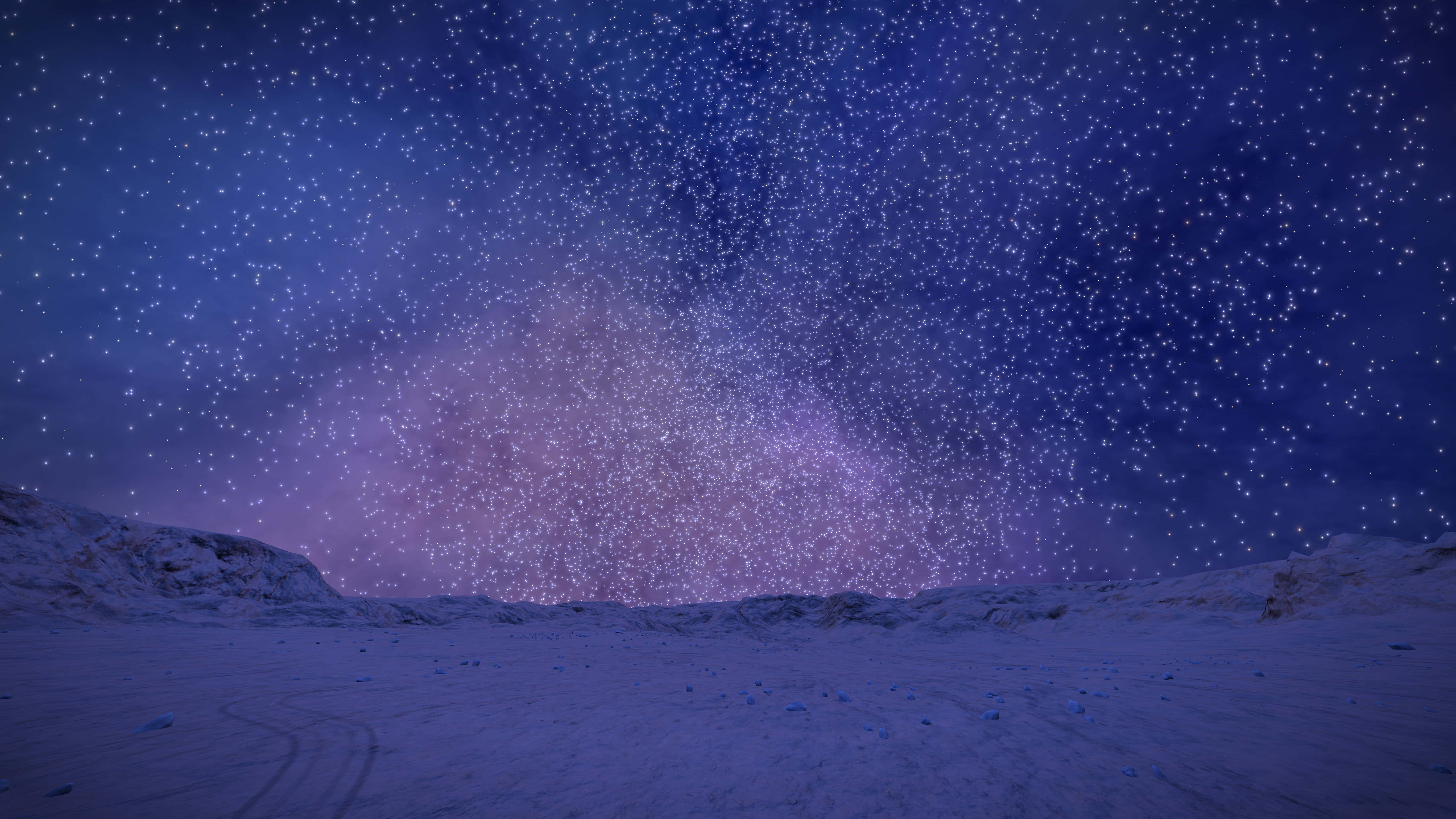 Chilly Night, snowy desert, vibrant purple and blue starry sky, 5K Desktop Wallpaper