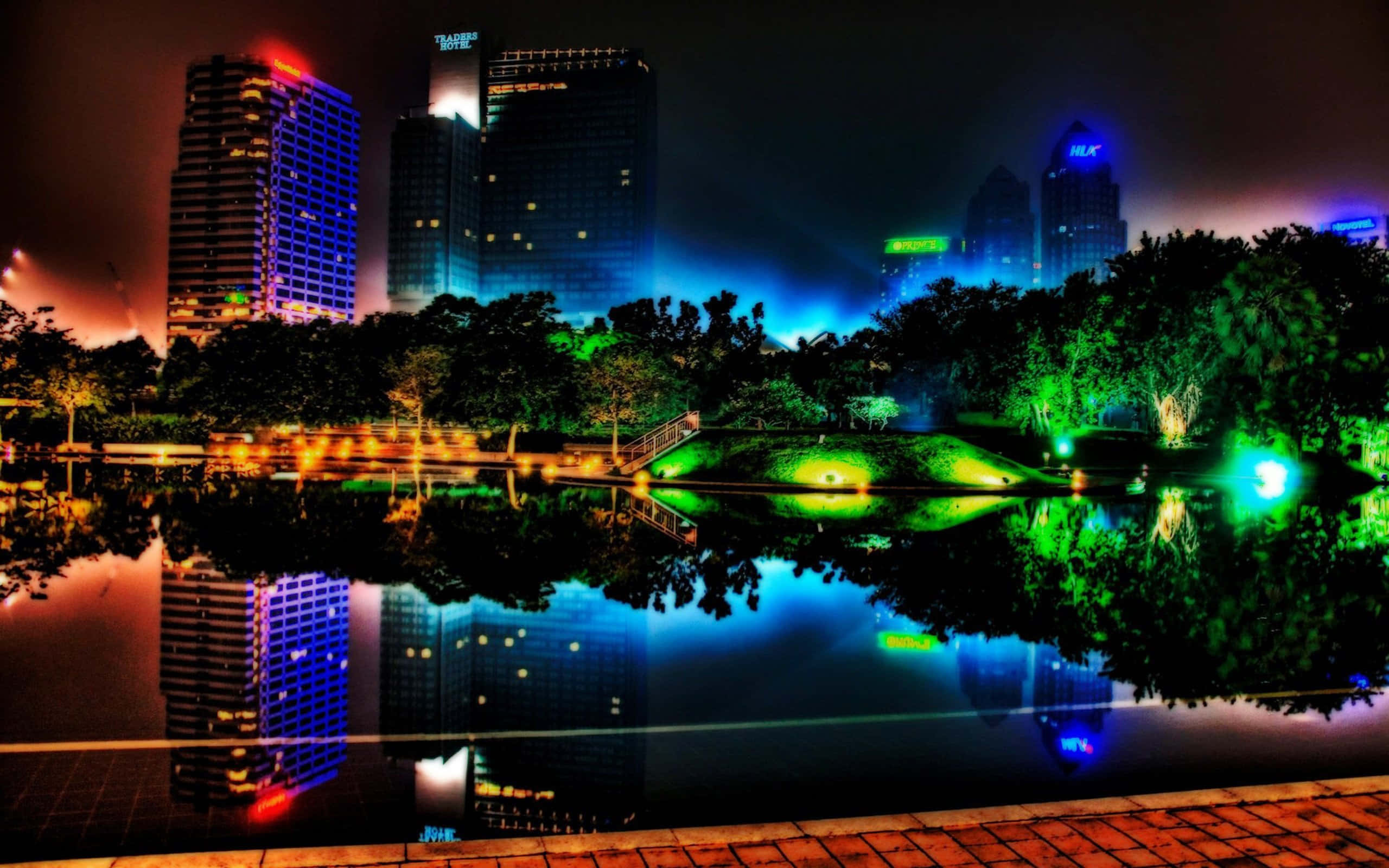 Chilly Night, neon-lit skyscrapers, calm pond, 2K Desktop Wallpaper