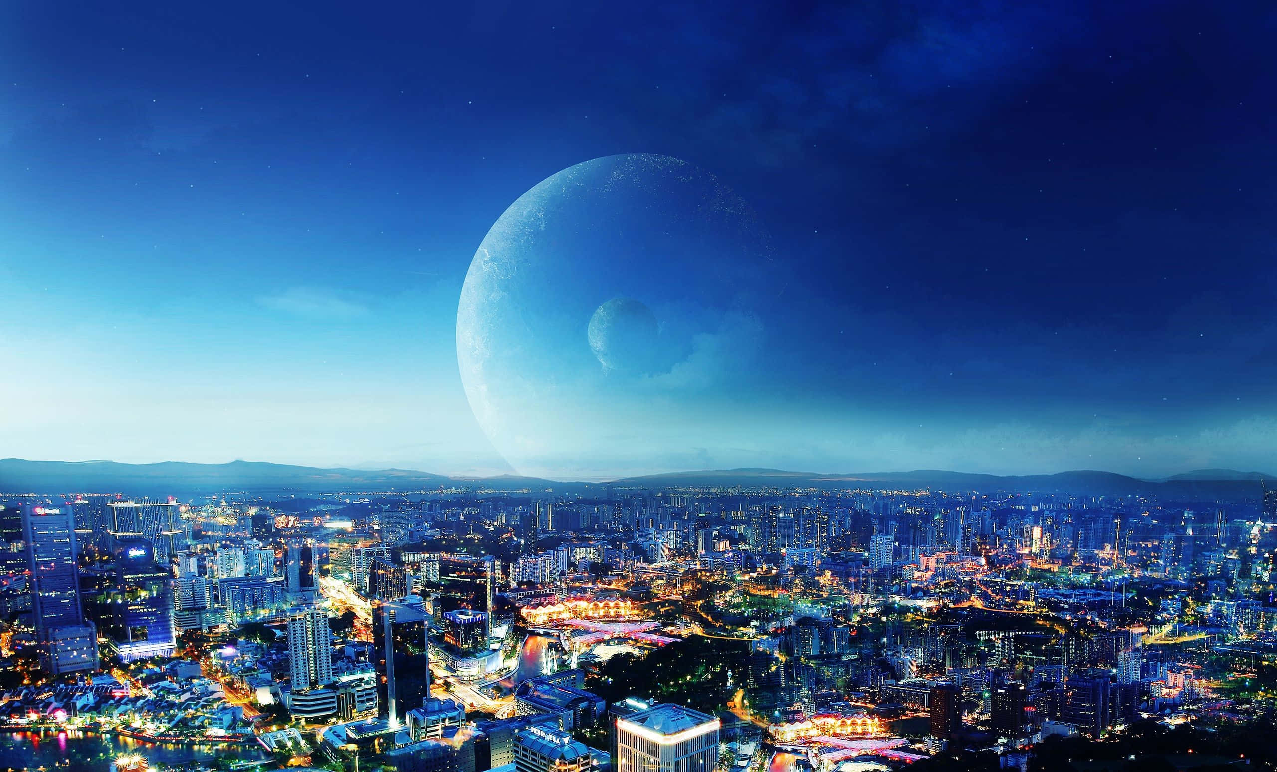 Chilly Night, futuristic city, massive moon, 2K Desktop Wallpaper