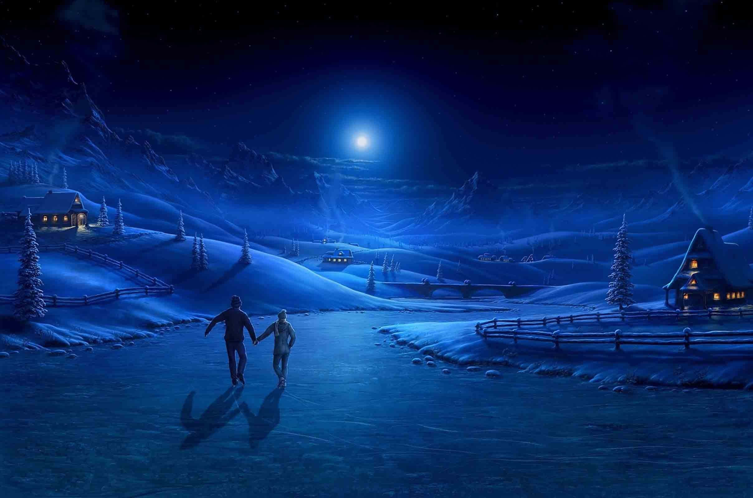 Chilly Night, frozen lake, bright moon, Full HD Desktop Wallpaper
