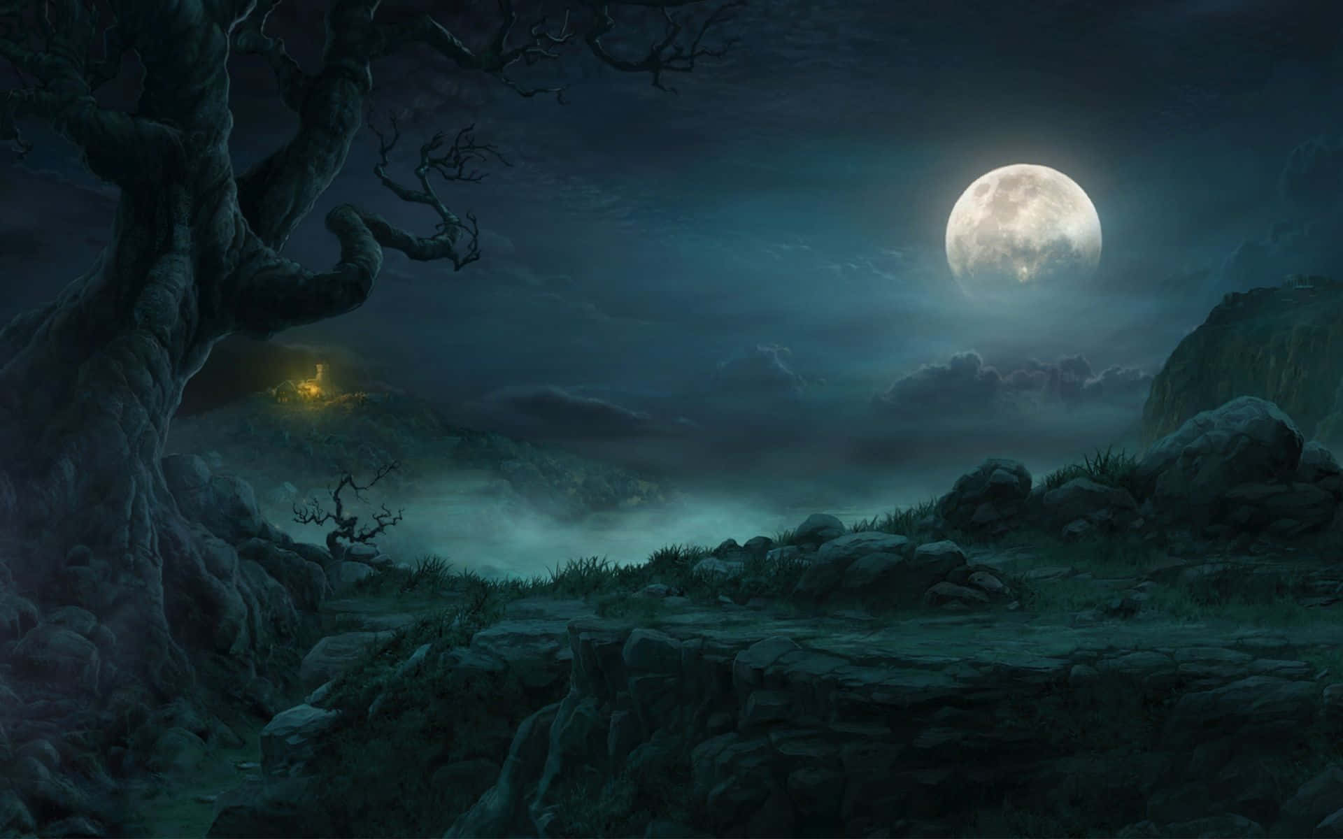 Chilly Night, full moon, twisted trees, Full HD Desktop Wallpaper