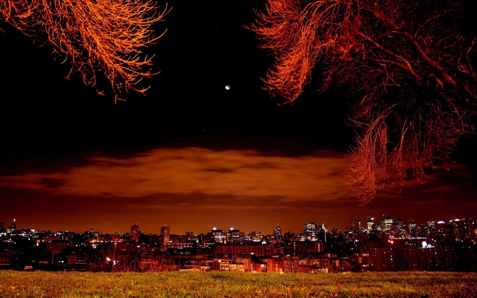 Chilly Night, orange moon, city skyline, Full HD Desktop Wallpaper