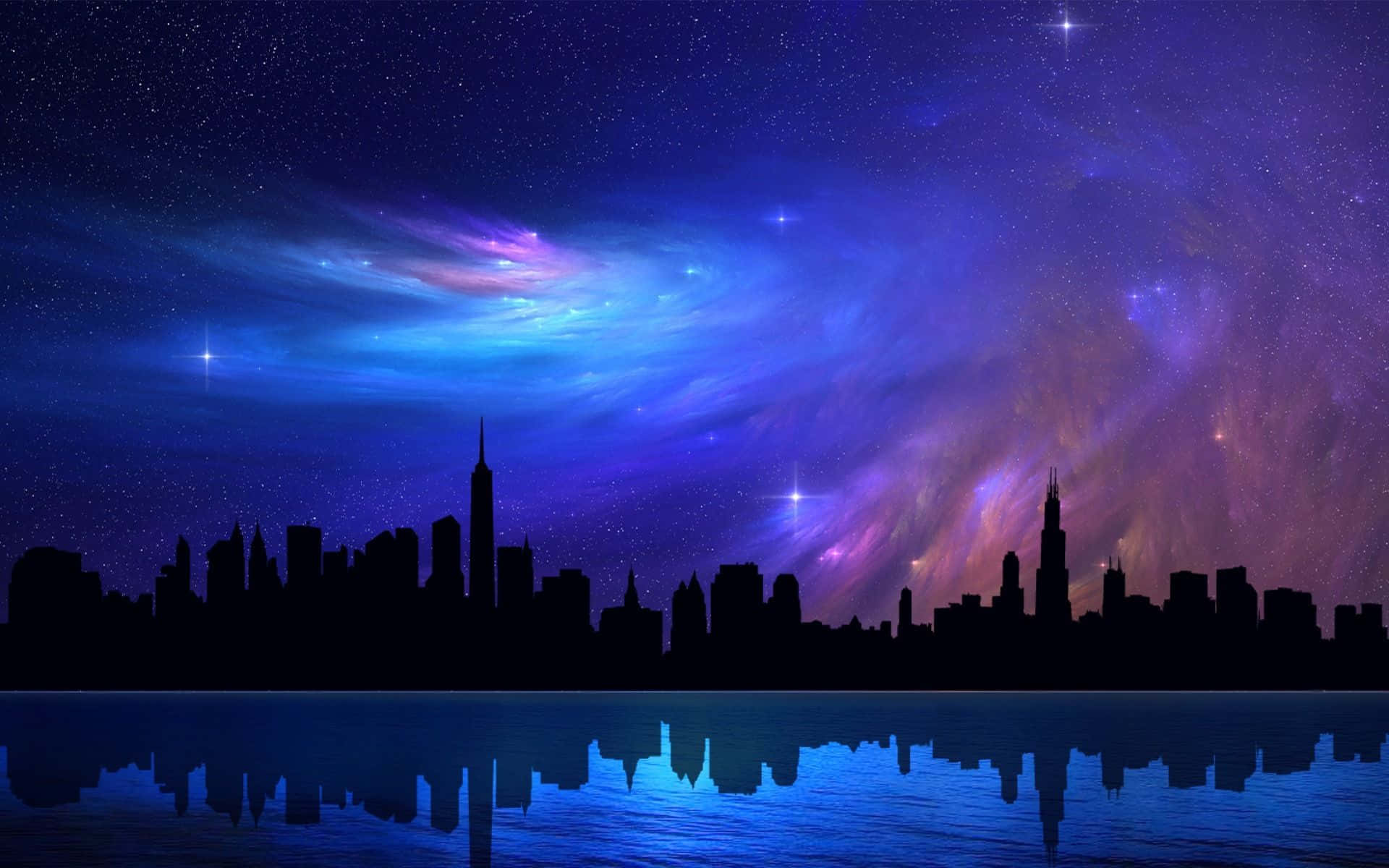 Chilly Night, city skyline silhouette, calm water, Full HD Desktop Wallpaper