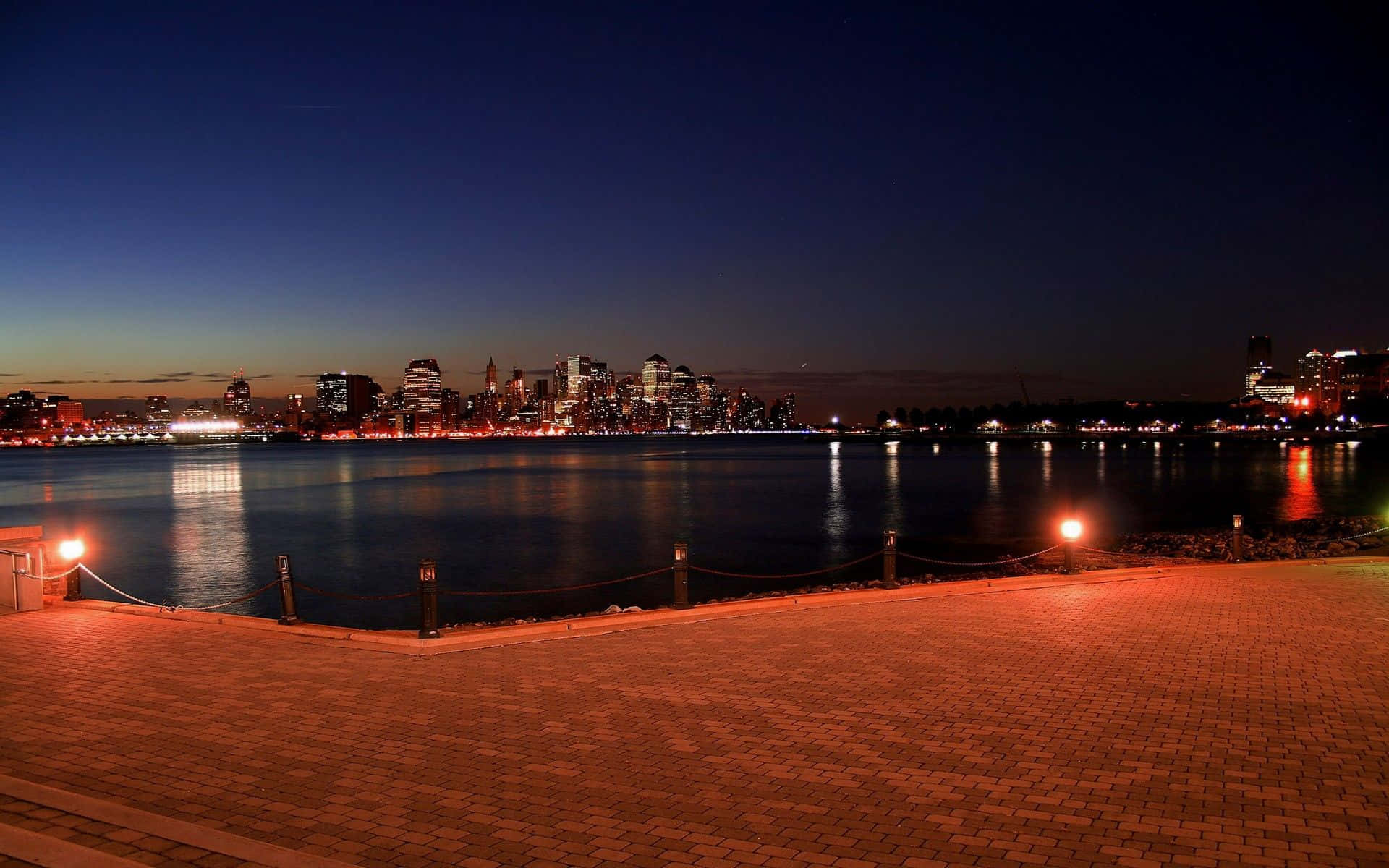 Chilly Night, city skyline, calm water, Full HD Desktop Wallpaper