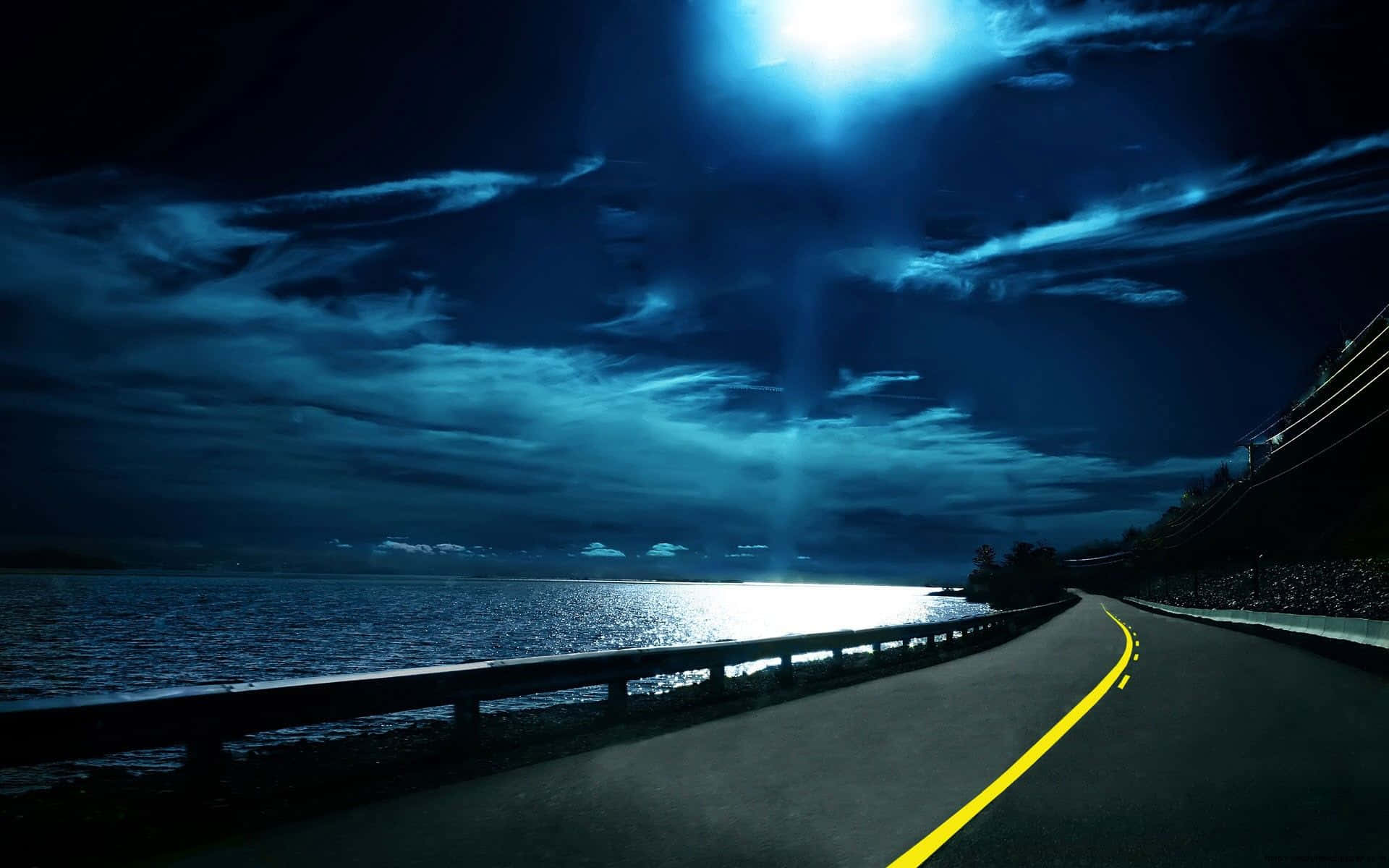 Chilly Night, coastal road, dark sea, Full HD Desktop Wallpaper
