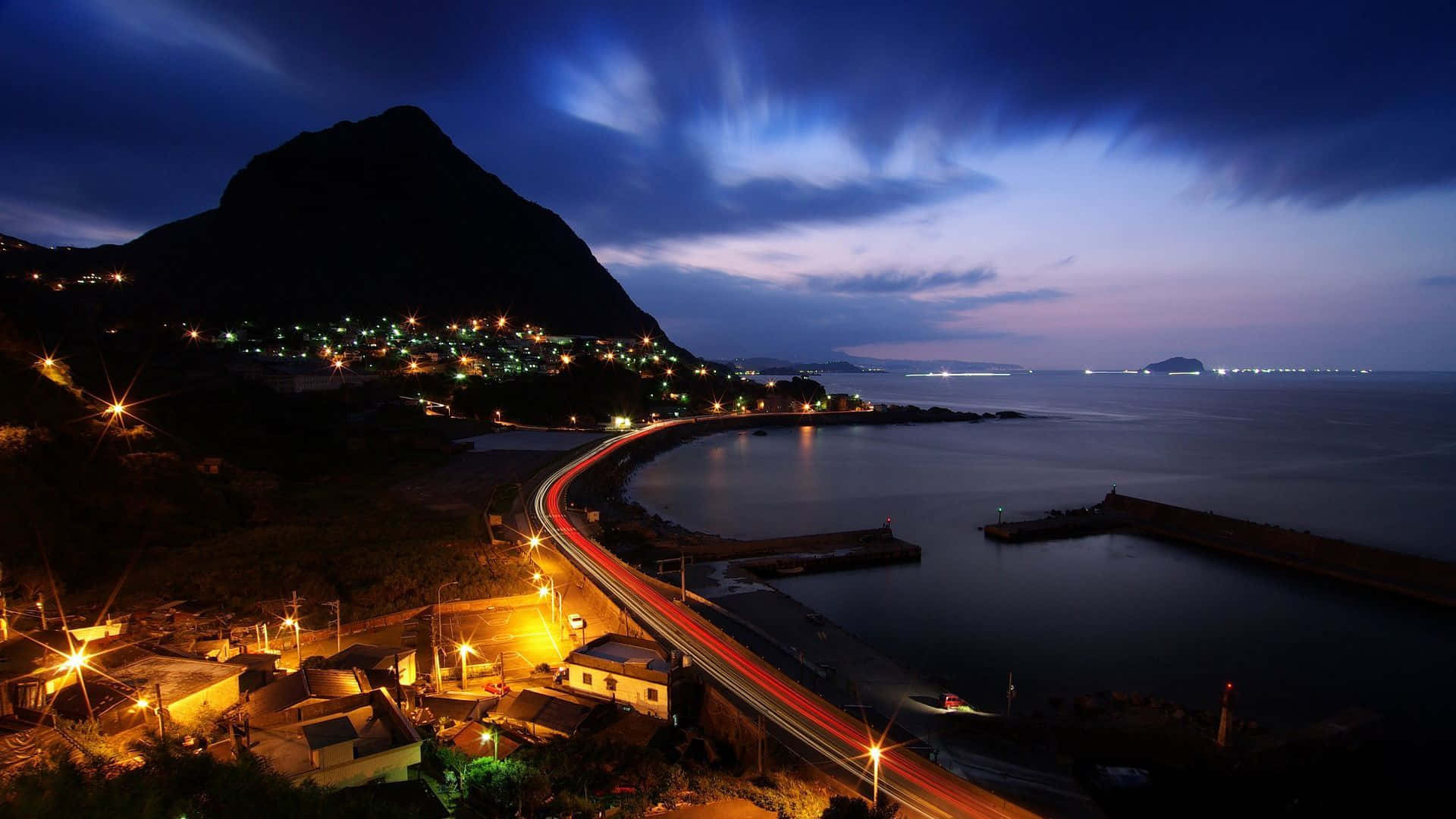 Chilly Night, winding coastal road, twilight, Full HD Desktop Wallpaper