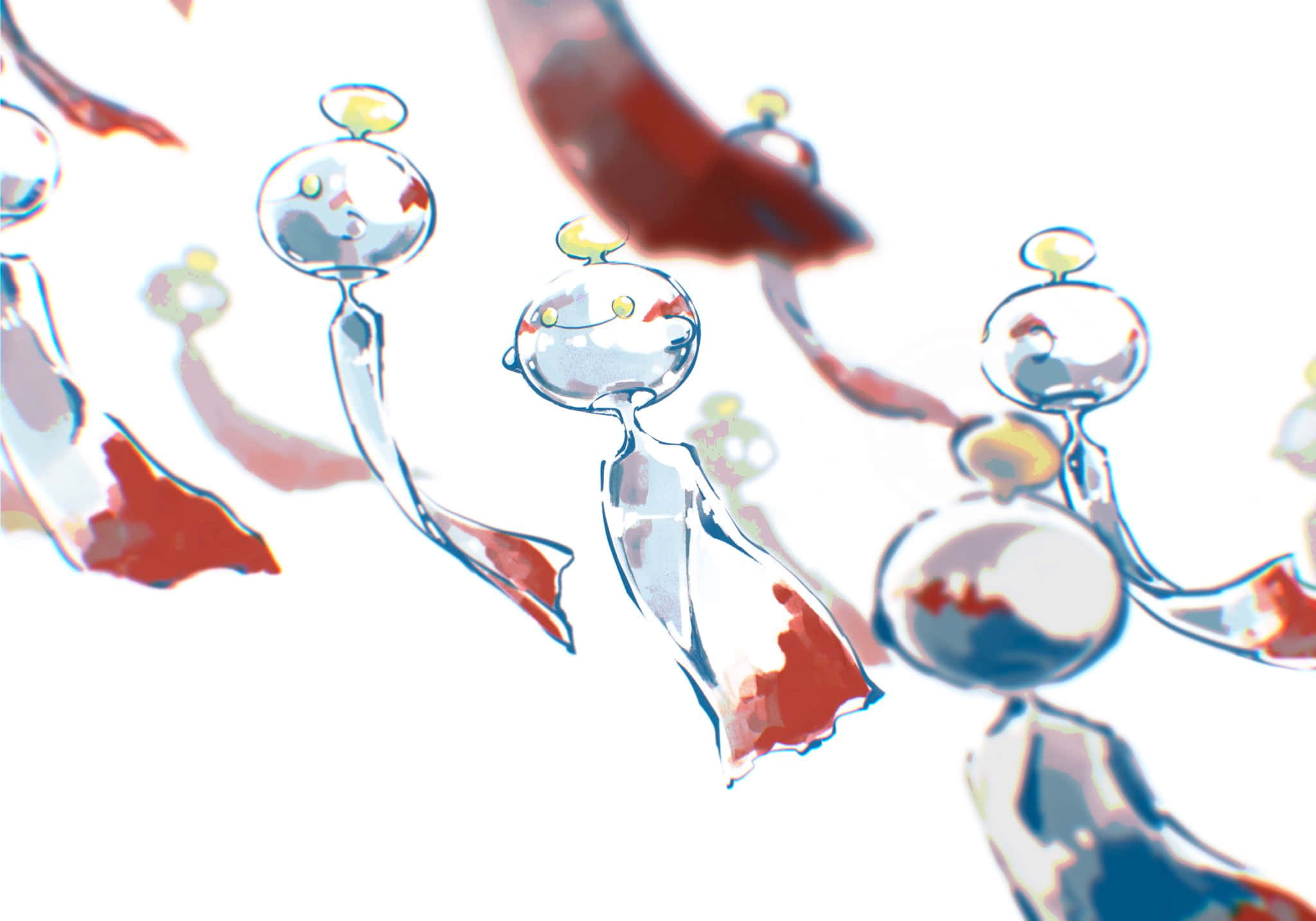 Chimecho, glowing glass-like creatures, red accents, Full HD Desktop Wallpaper