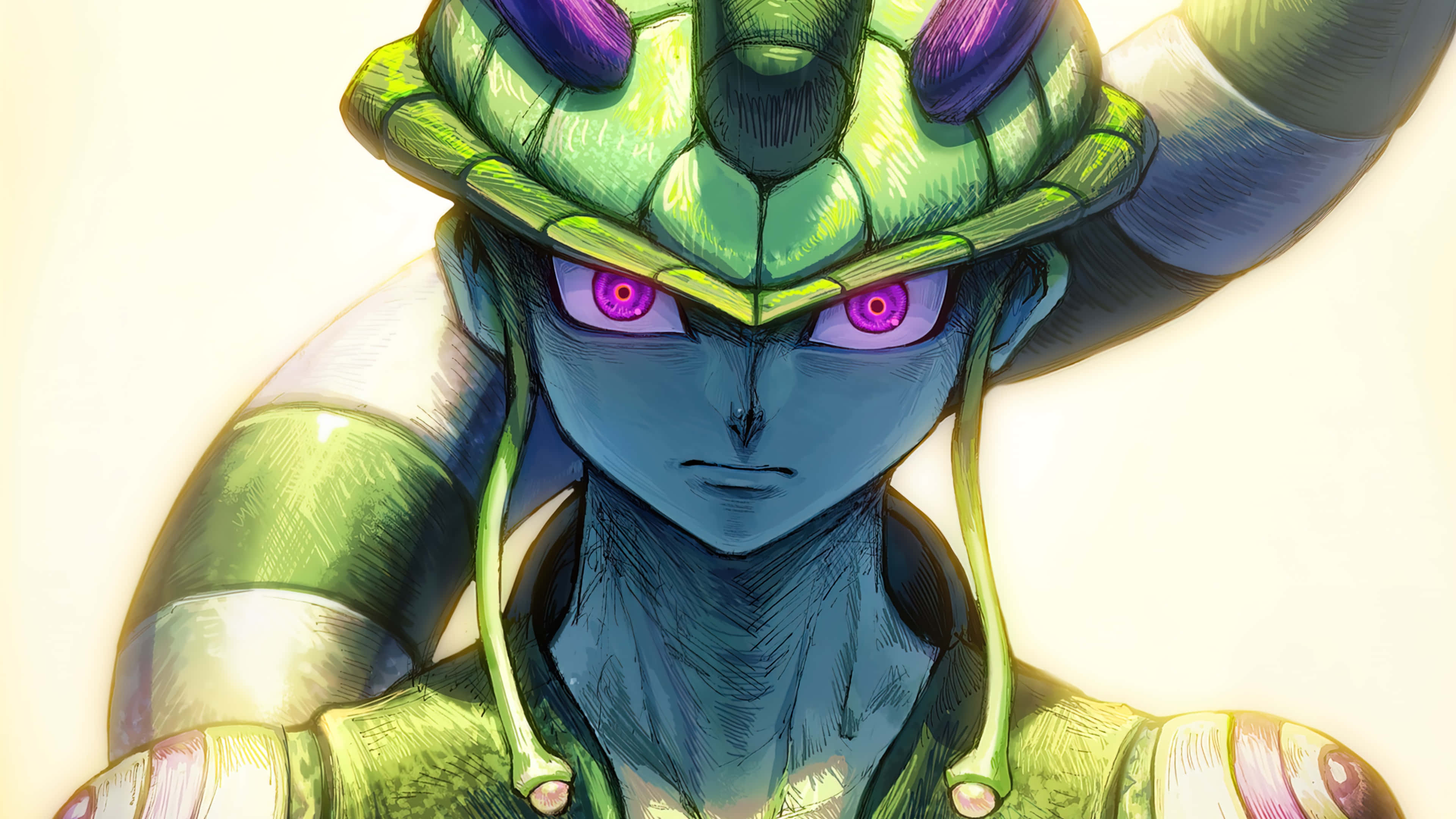 Chimera Ants, green armored head, glowing purple eyes, 4K Desktop Wallpaper