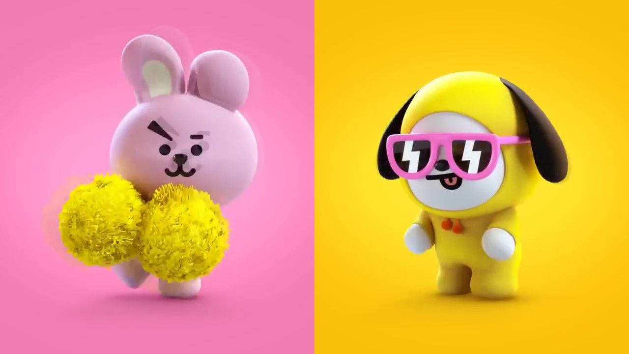 Chimmy Bt21, pink bunny, yellow dog, HD Desktop Wallpaper