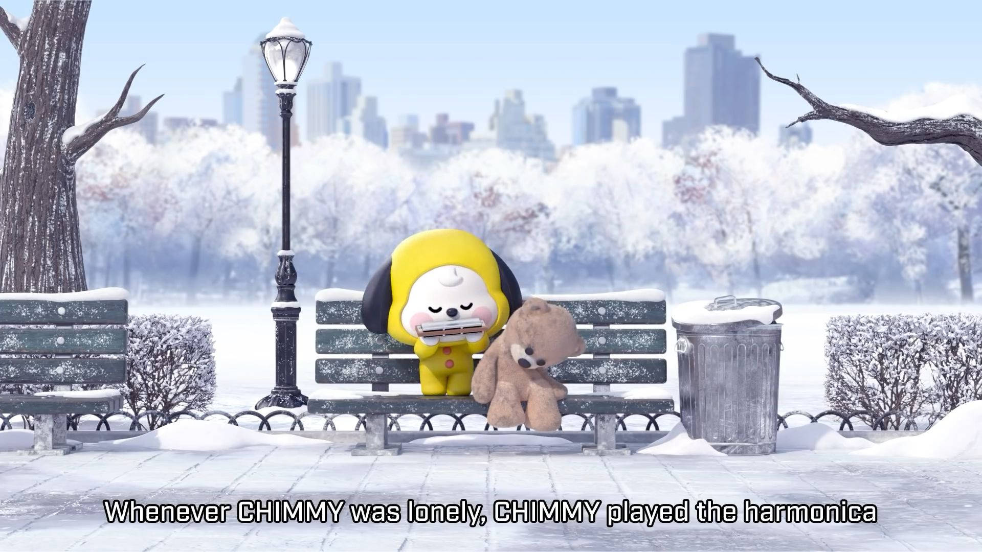Chimmy Bt21, teddy bear, snowy park bench, Full HD Desktop Wallpaper