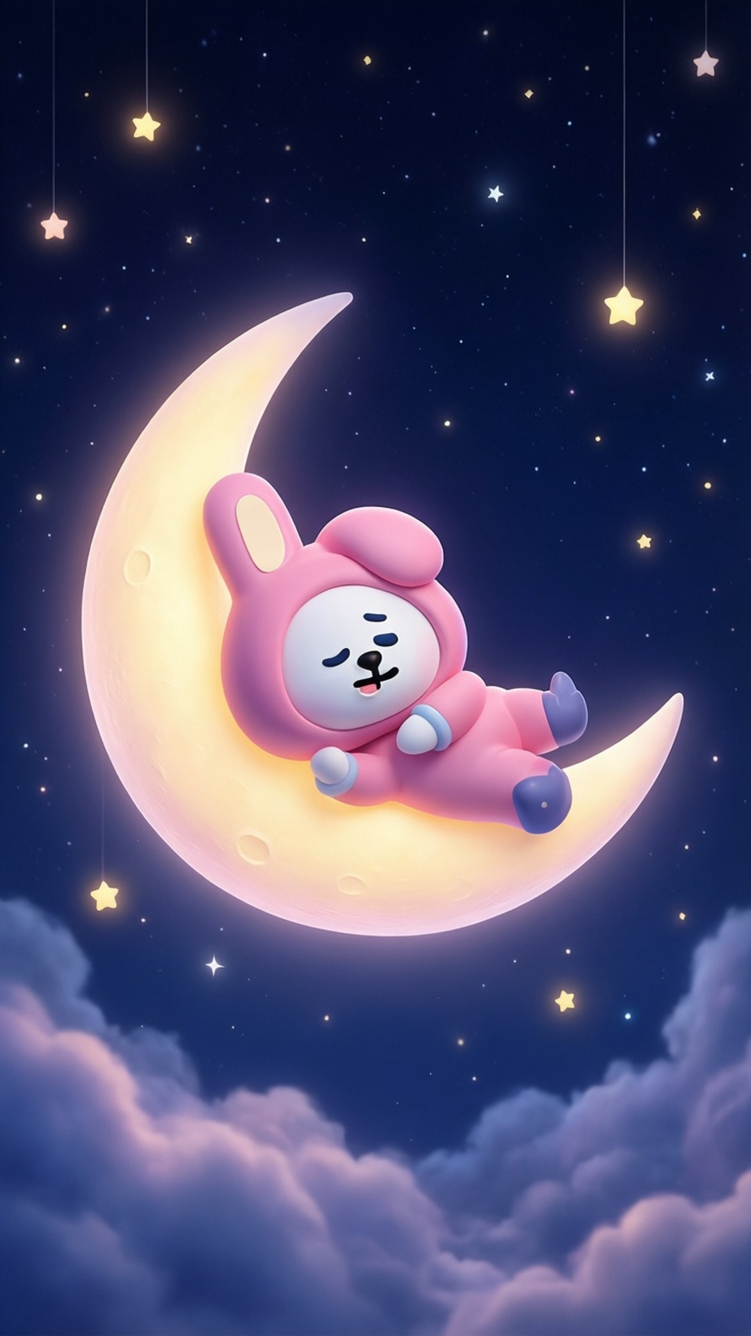 Chimmy, pink bunny plush toy, glowing crescent moon, Full HD Phone Wallpaper