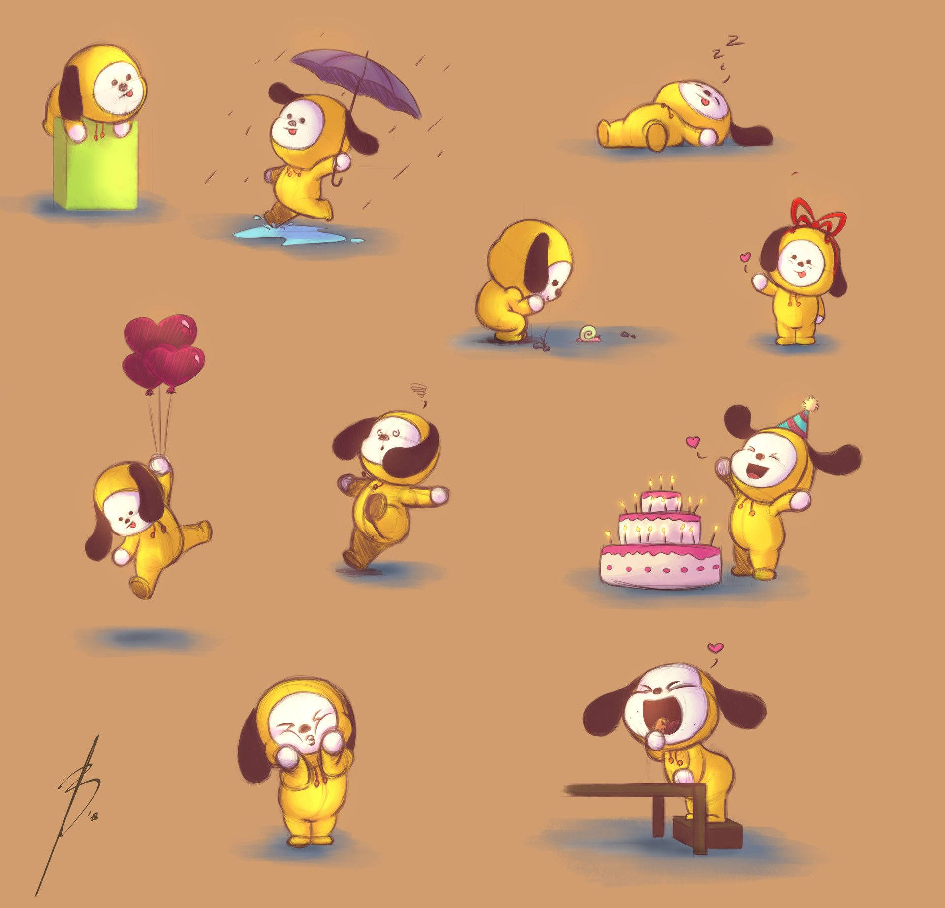 Chimmy Bt21, yellow puppy, dancing with balloons, Full HD Desktop Wallpaper